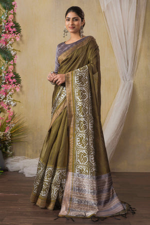 Traditional Ikkat Print Green Silk Blend Saree