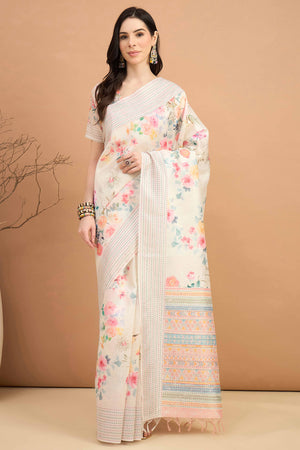 Offwhite Silk Blend Saree With Floral Prints & Delicate Tassels Border