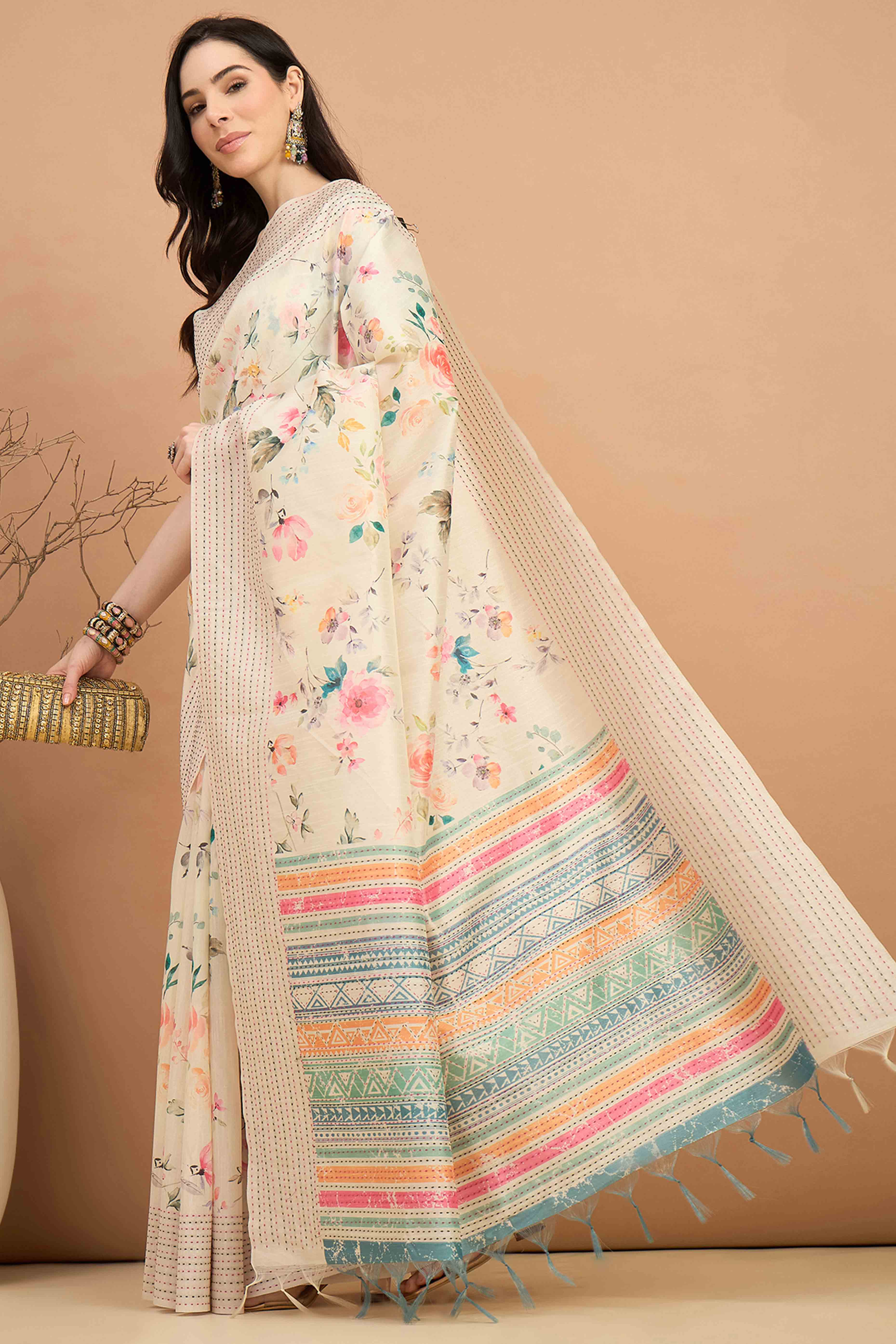 6Offwhite Silk Blend Saree With Floral Prints & Delicate Tassels Border