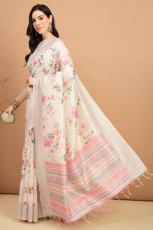 Offwhite Silk Blend Saree With Floral Prints & Delicate Tassels Border
