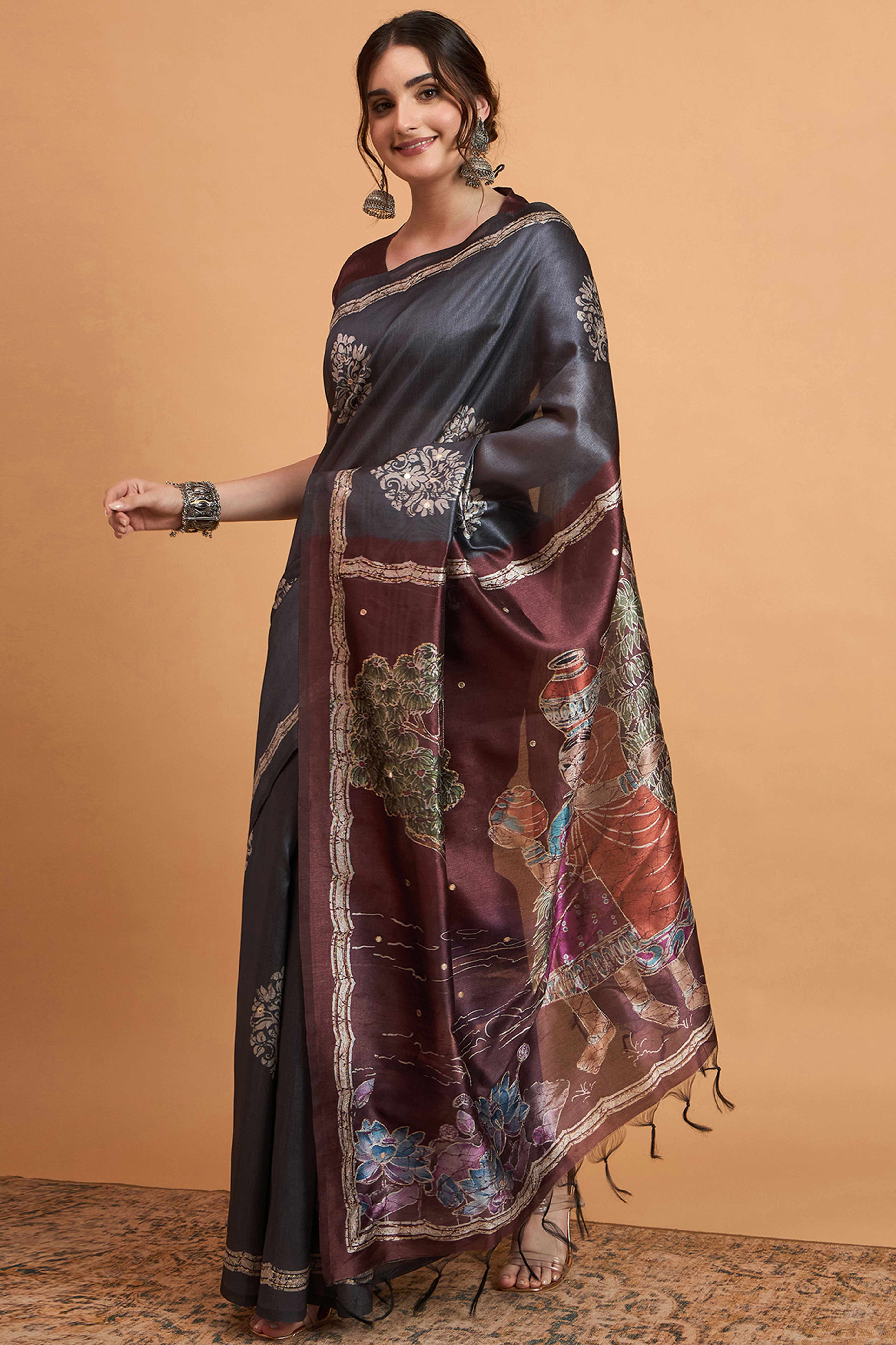 Handcrafted Grey Floral Block Print Saree in Cotton Silk with Decorative Mirror Embroidery