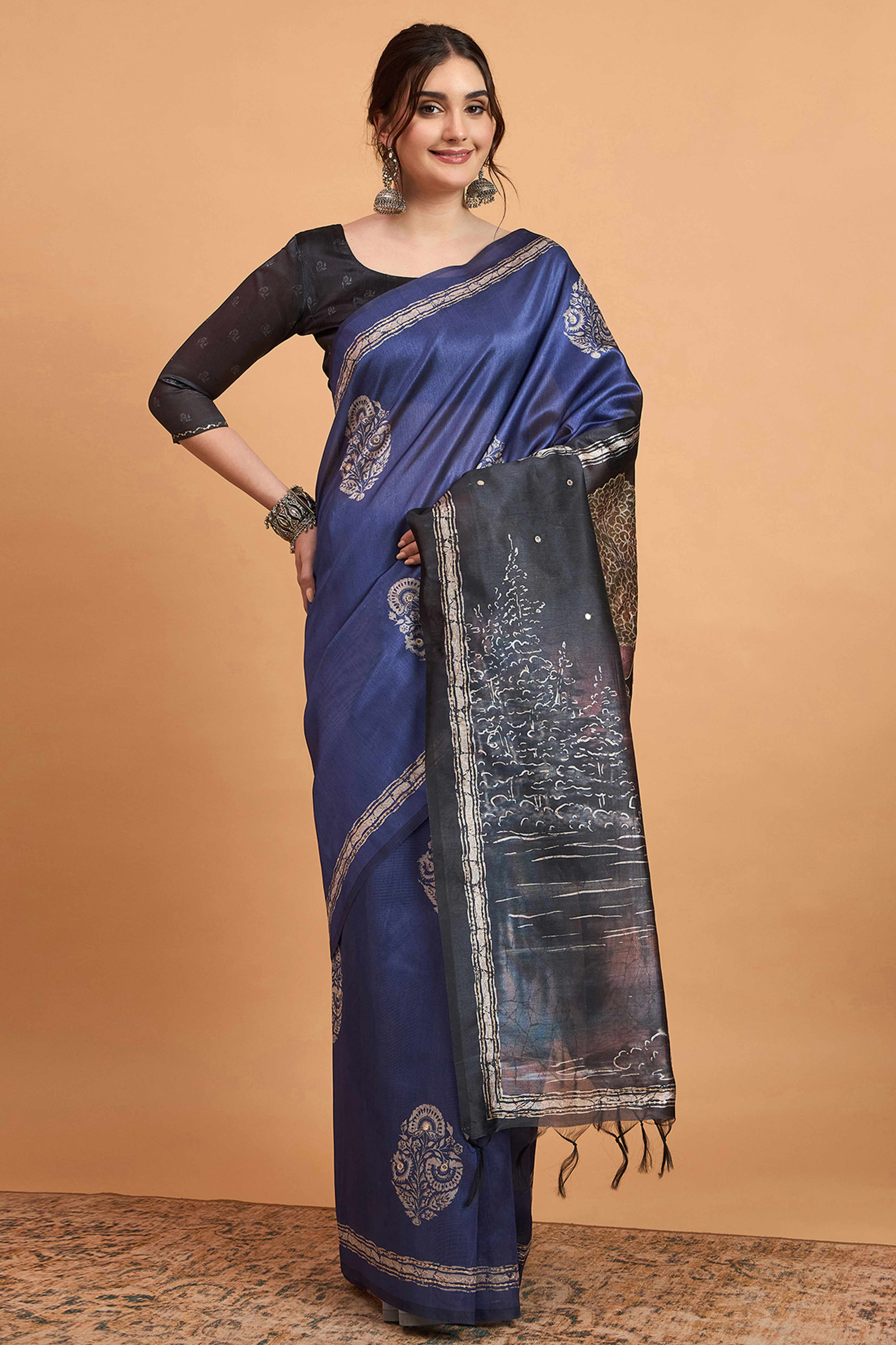 Handcrafted Navy Blue Floral Block Print Saree in Cotton Silk with Decorative Mirror Embroidery