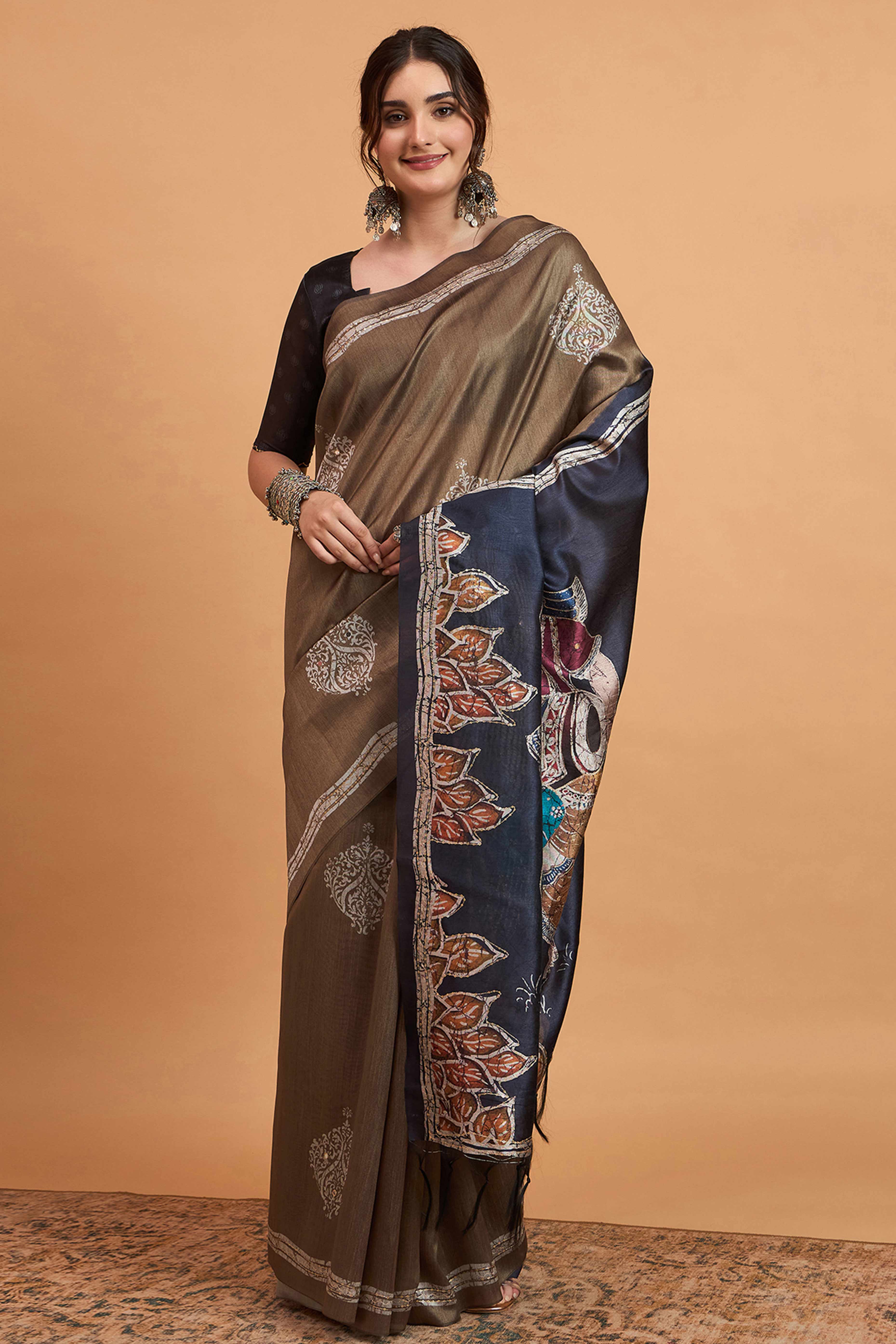 Handcrafted Brown Floral Block Print Saree in Cotton Silk with Decorative Mirror Embroidery