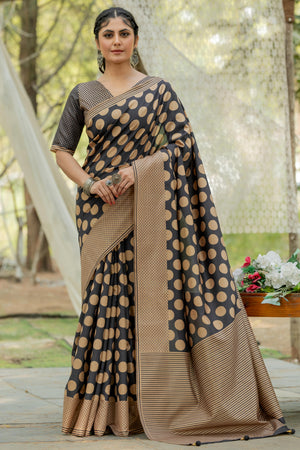 Black Kozi Cotton Silk Saree Showcasing Digital Prints and Soft Tassel Edging