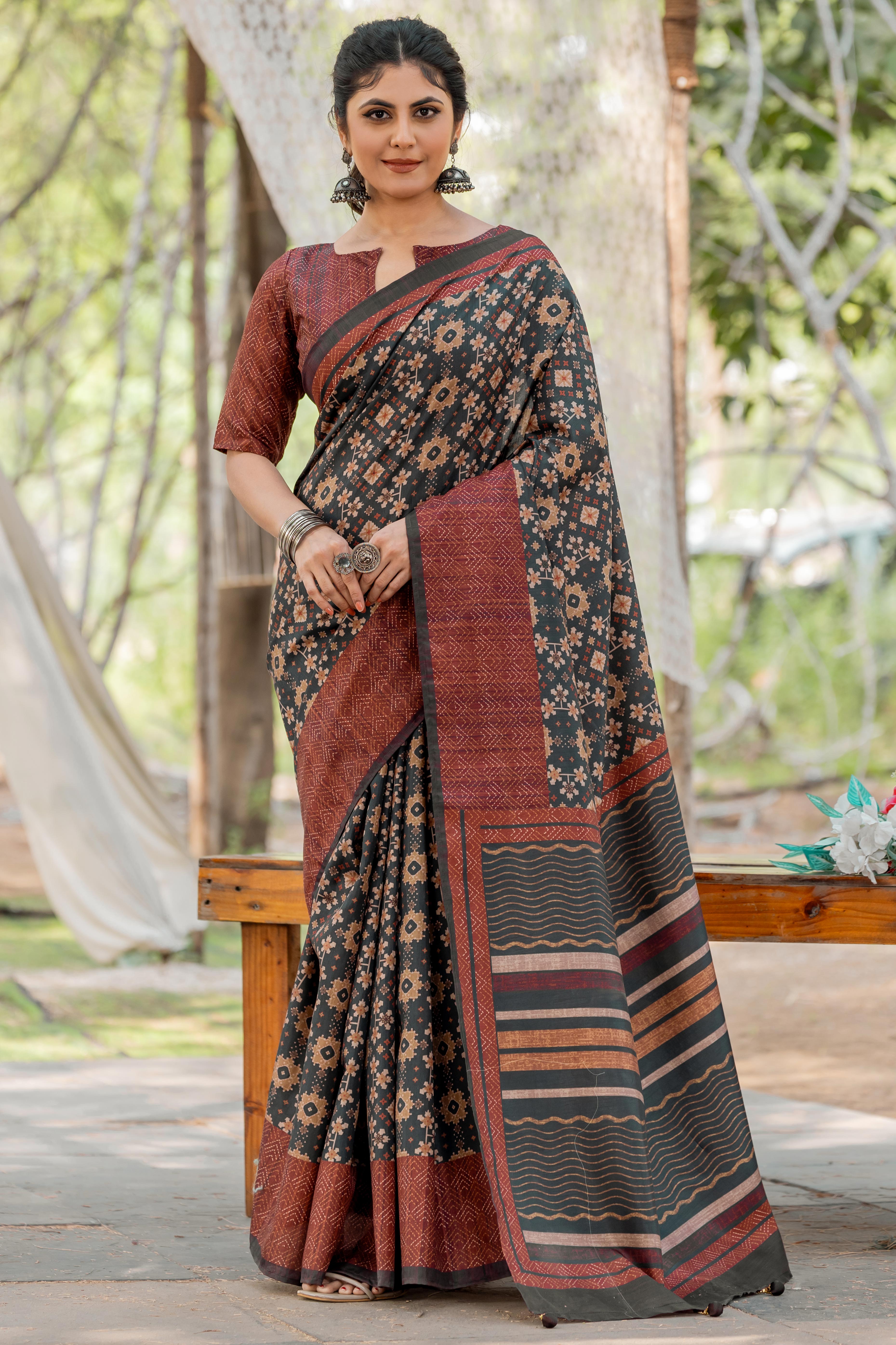 Black Kozi Cotton Silk Saree With Digital Prints and Soft Tassel Edging