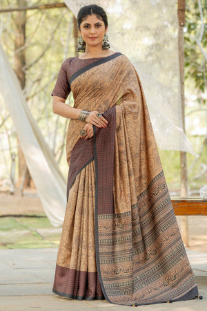 Beige Kozi Cotton Silk Saree Showcasing Digital Prints and Soft Tassel Edging
