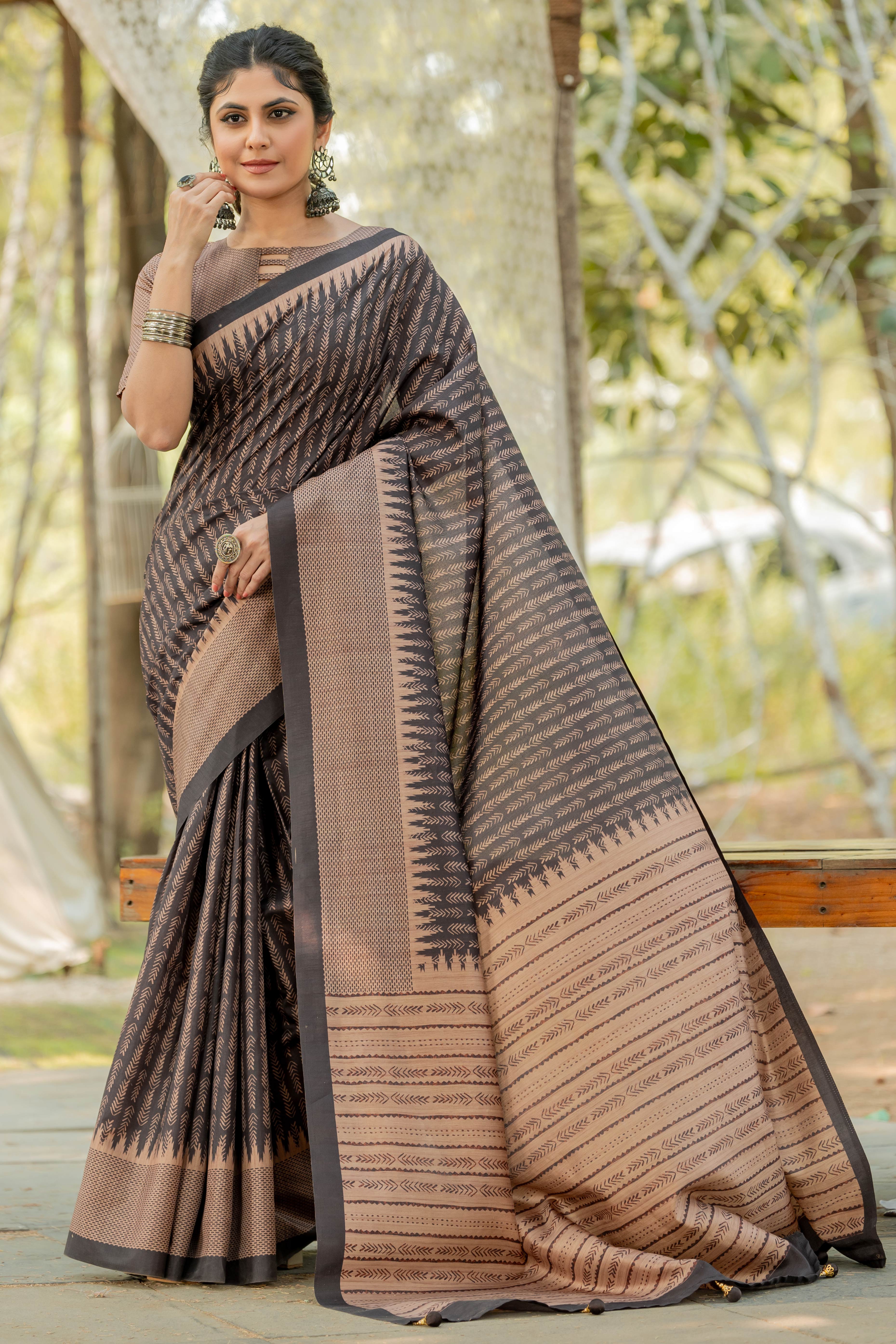 Black Kozi Cotton Silk Saree Indicating Digital Prints and Soft Tassel Edging