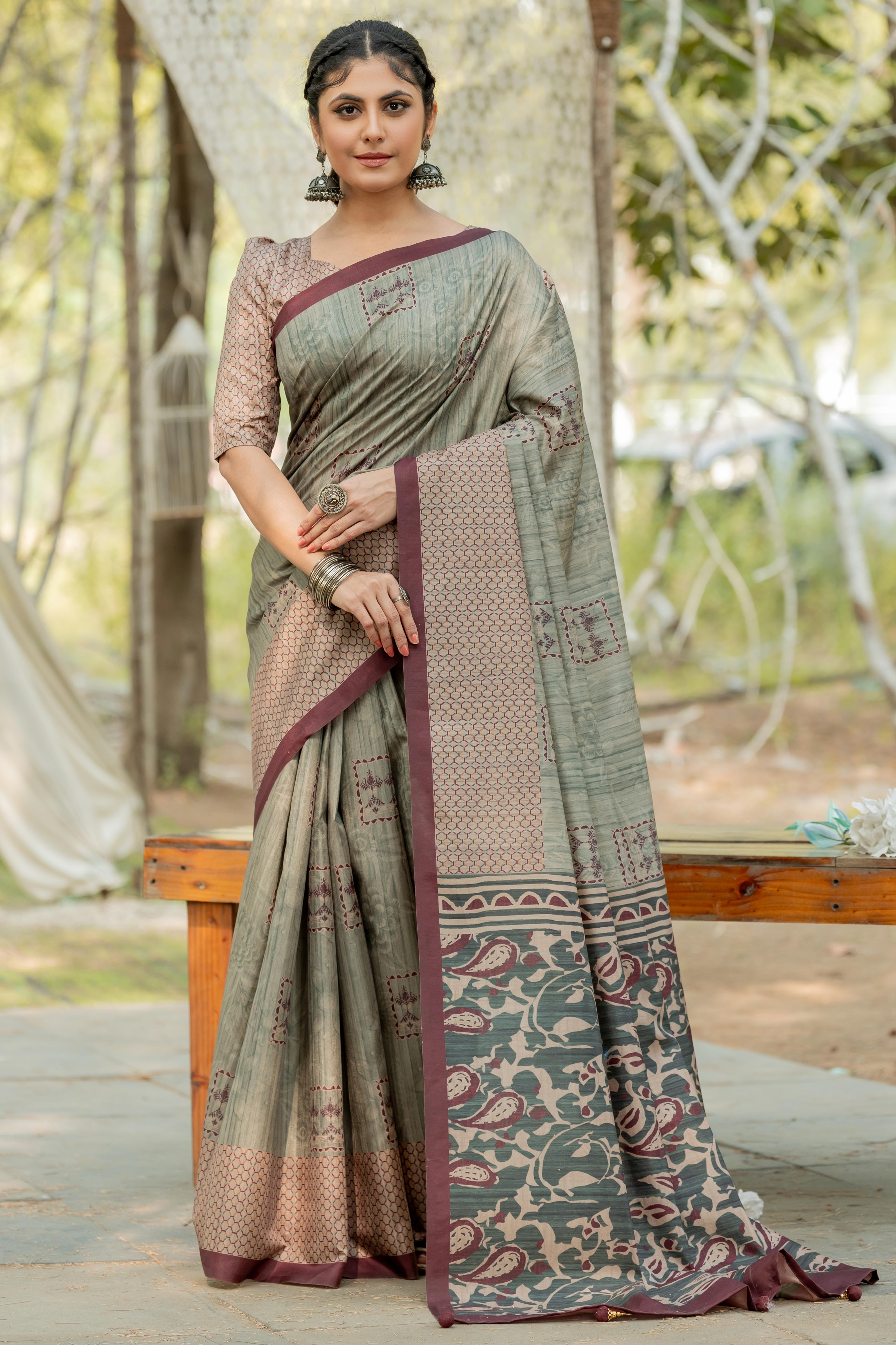 Sage Green Kozi Cotton Silk Saree Showcasing Digital Prints and Soft Tassel Edging