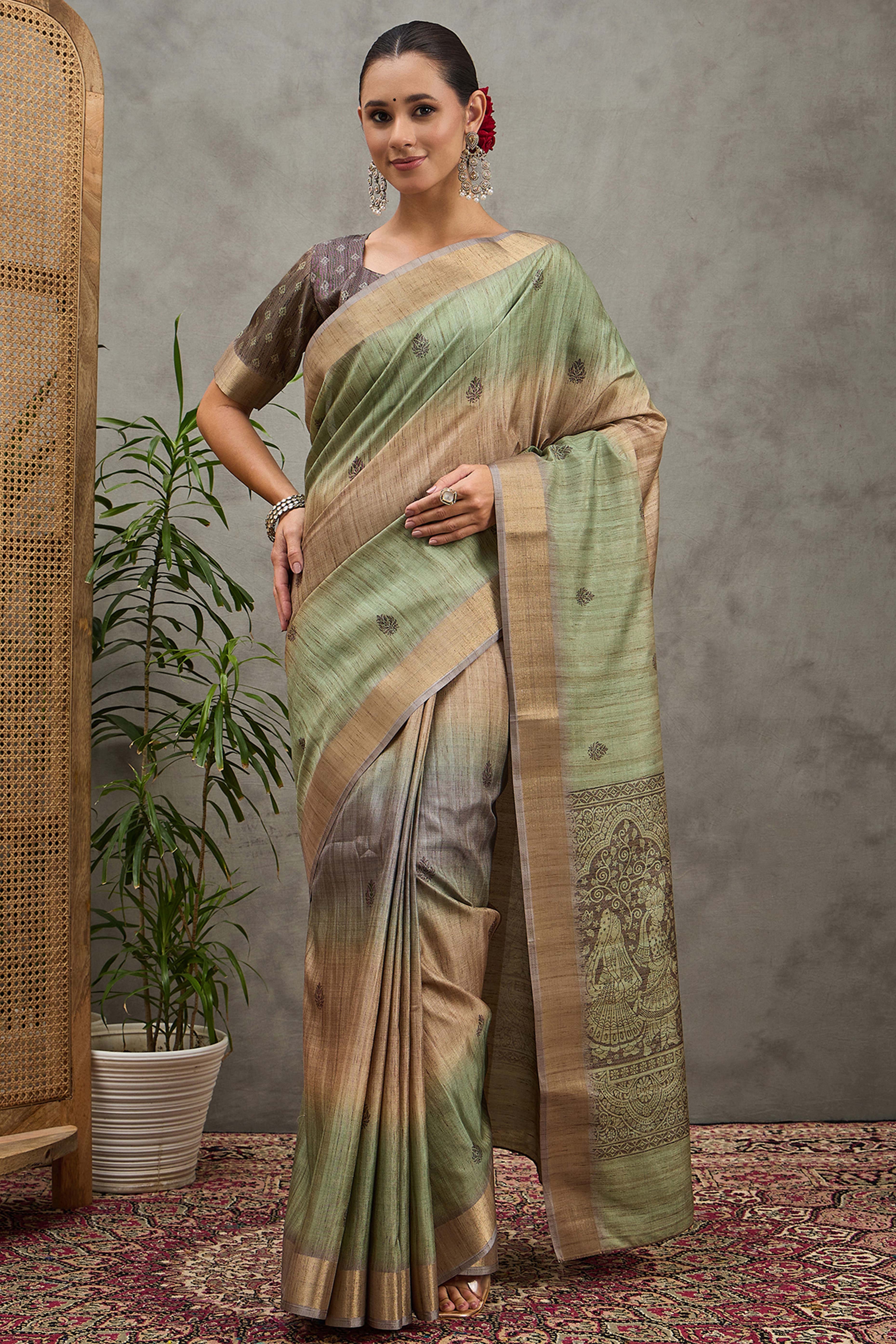 Pista Green Festive Wear Art Silk Saree Featuring Intricate Floral Weaving