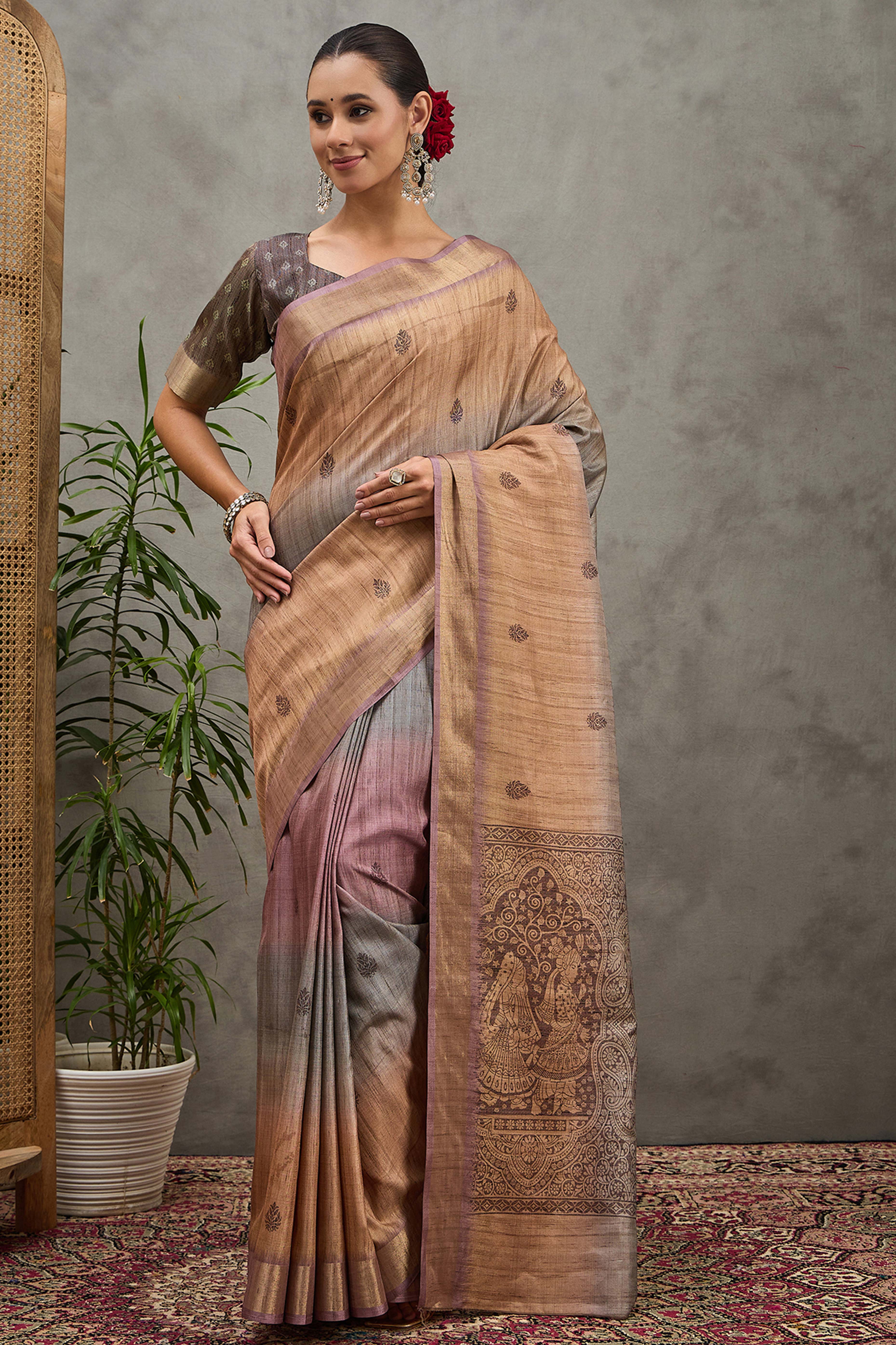 Beige Festive Wear Art Silk Saree Featuring Intricate Floral Print