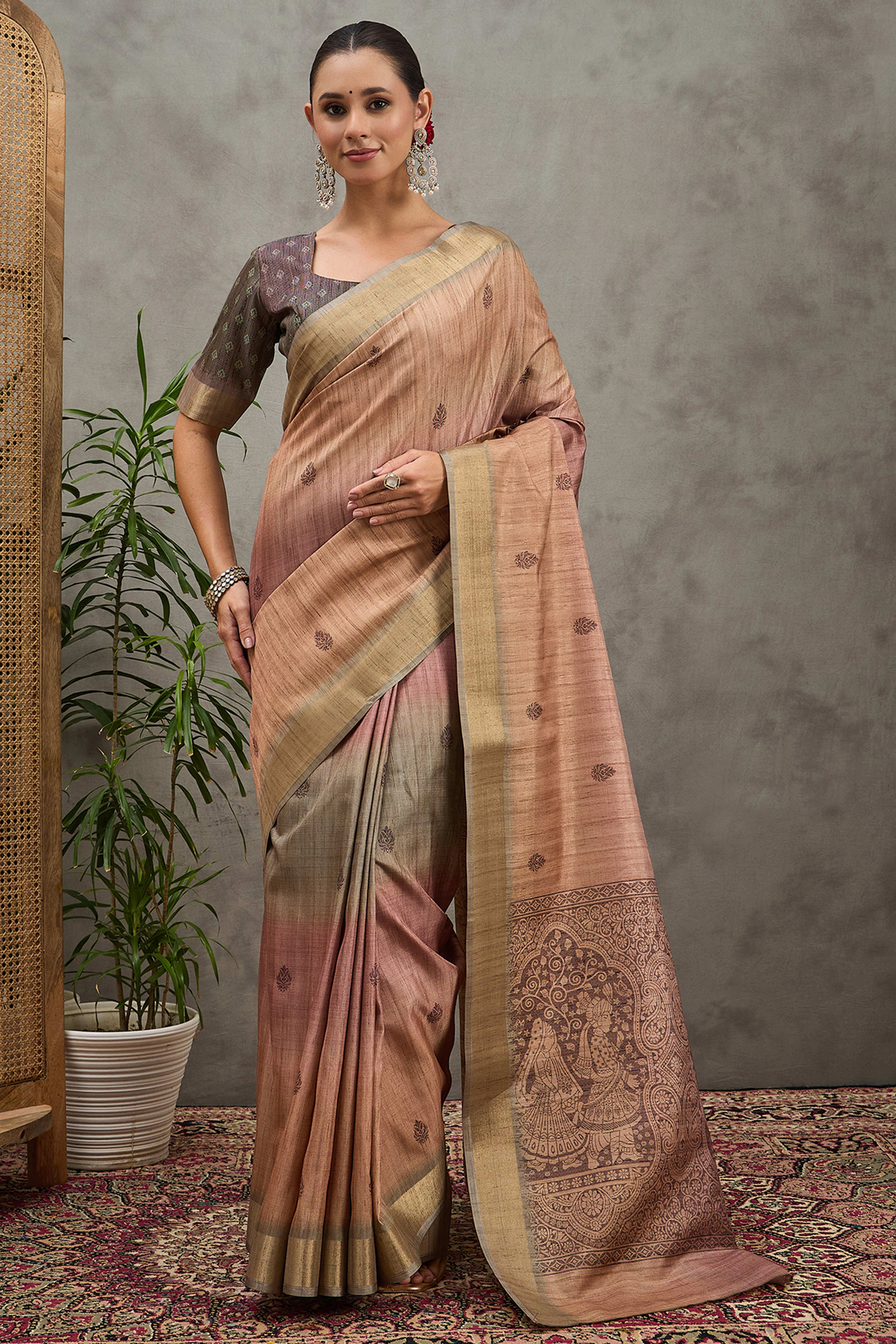 Beige Festive Wear Art Silk Saree Featuring Intricate Floral Weaving