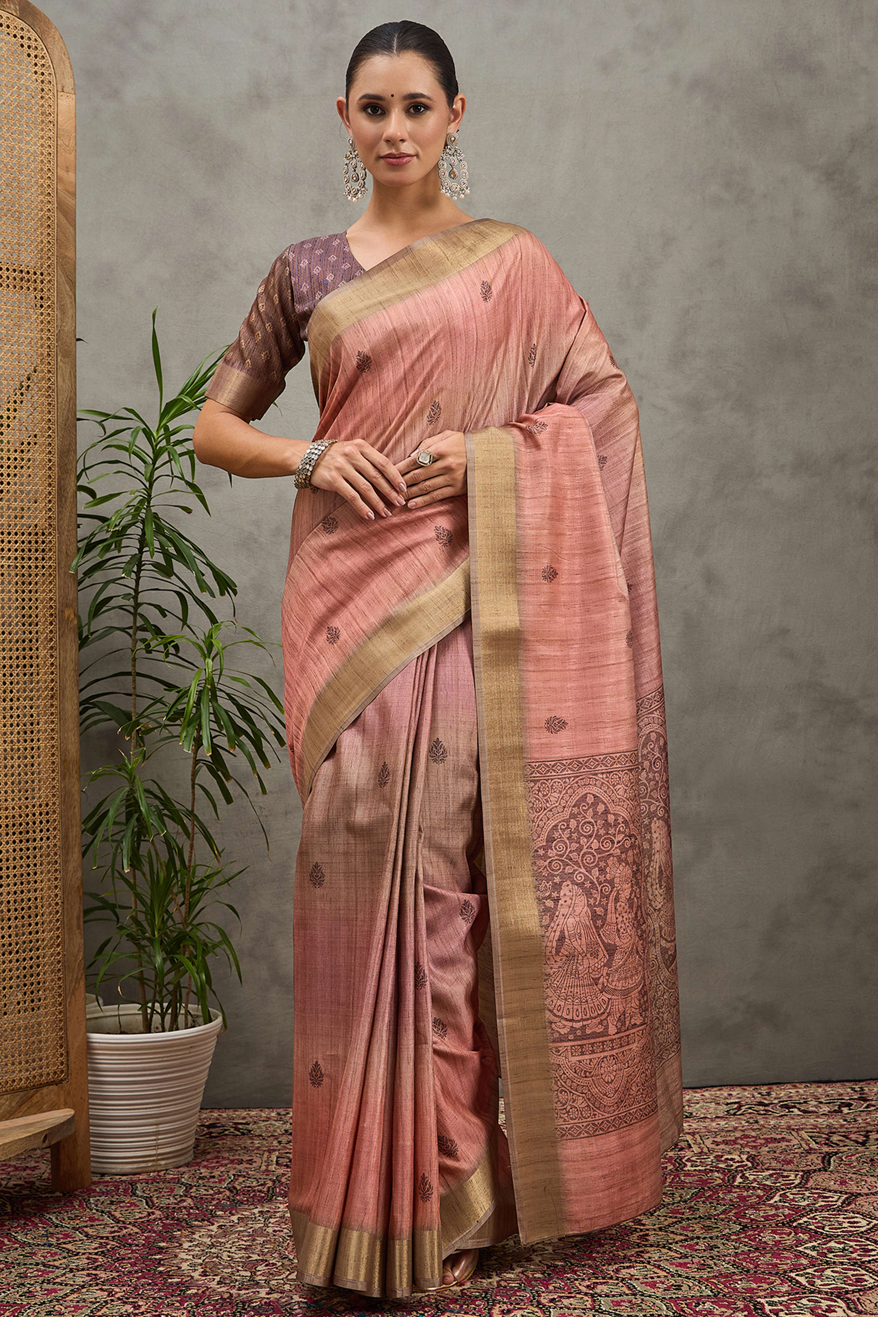 Peach Festive Wear Art Silk Saree Featuring Intricate Floral Weaving