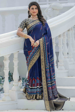 Blue Ajrakh Printed Viscose Saree With Woven Border & Elegant Tassel Pallu