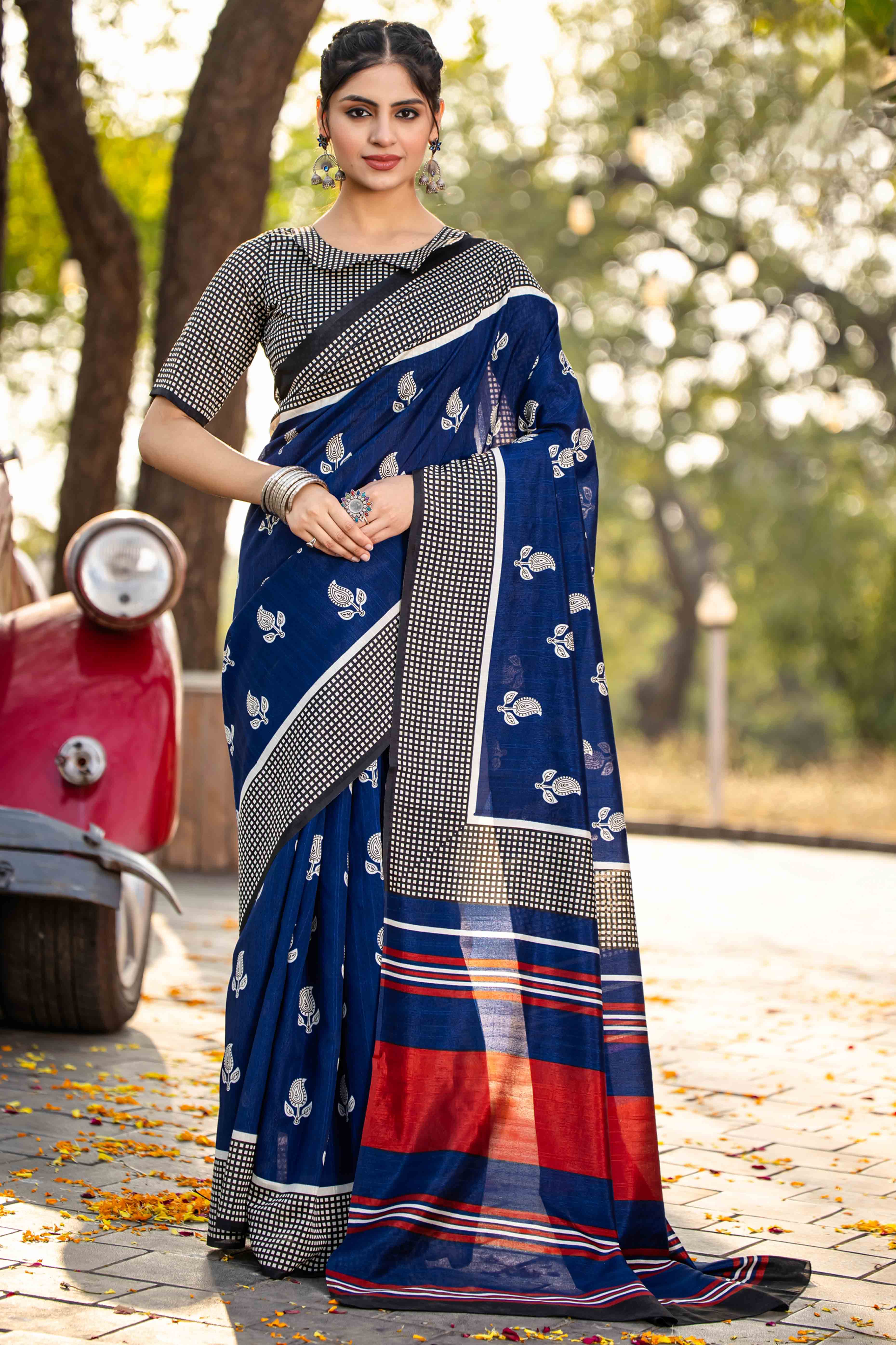 Blue Bhagalpuri Silk Saree with Floral Handblock Prints