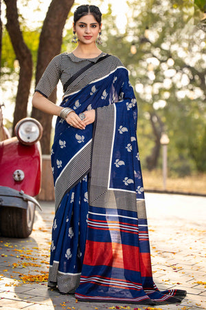 Blue Bhagalpuri Silk Saree with Floral Handblock Prints