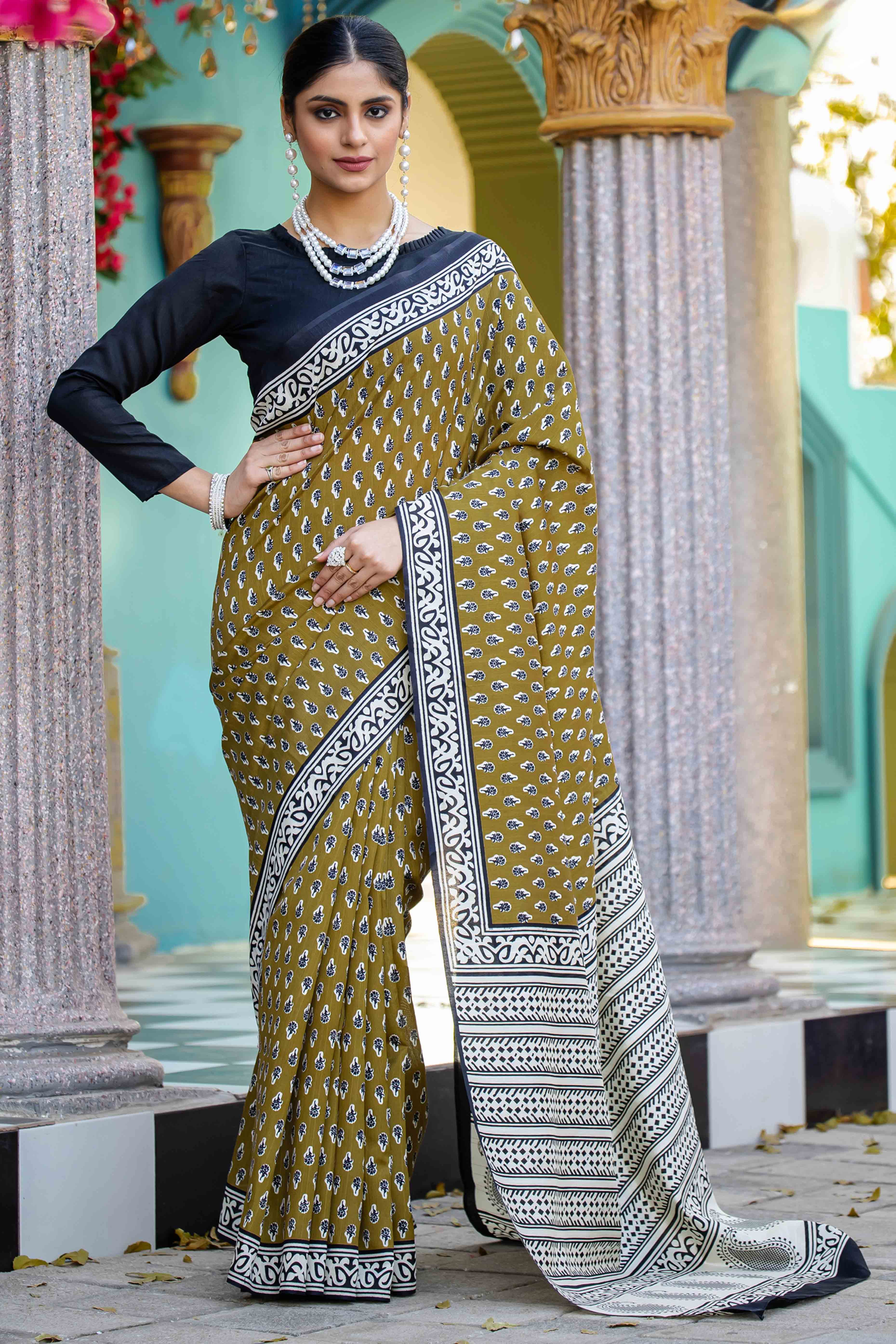 Green Bhagalpuri Silk Saree with Handblock Prints