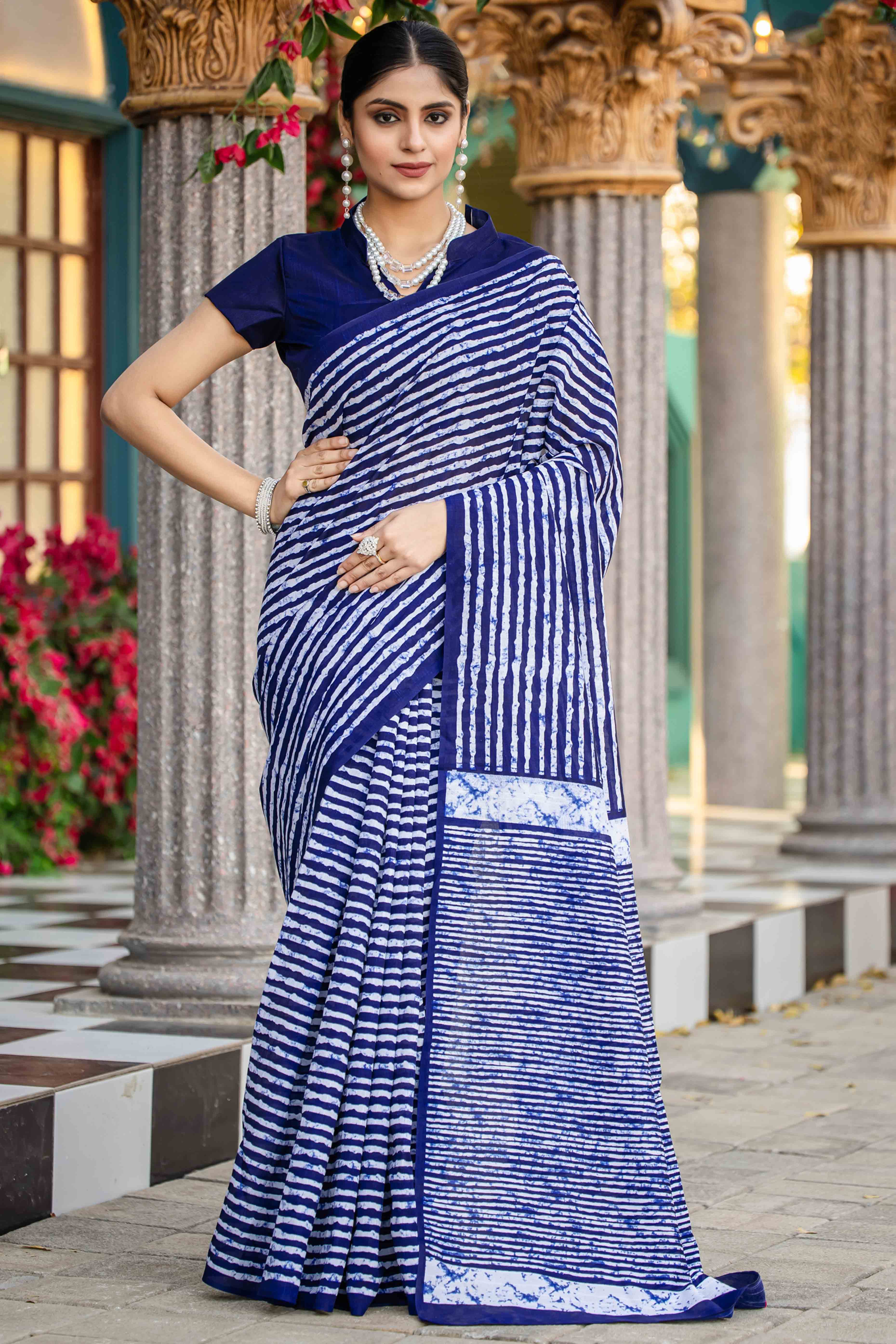 Blue Bhagalpuri Silk Saree with Striped Prints