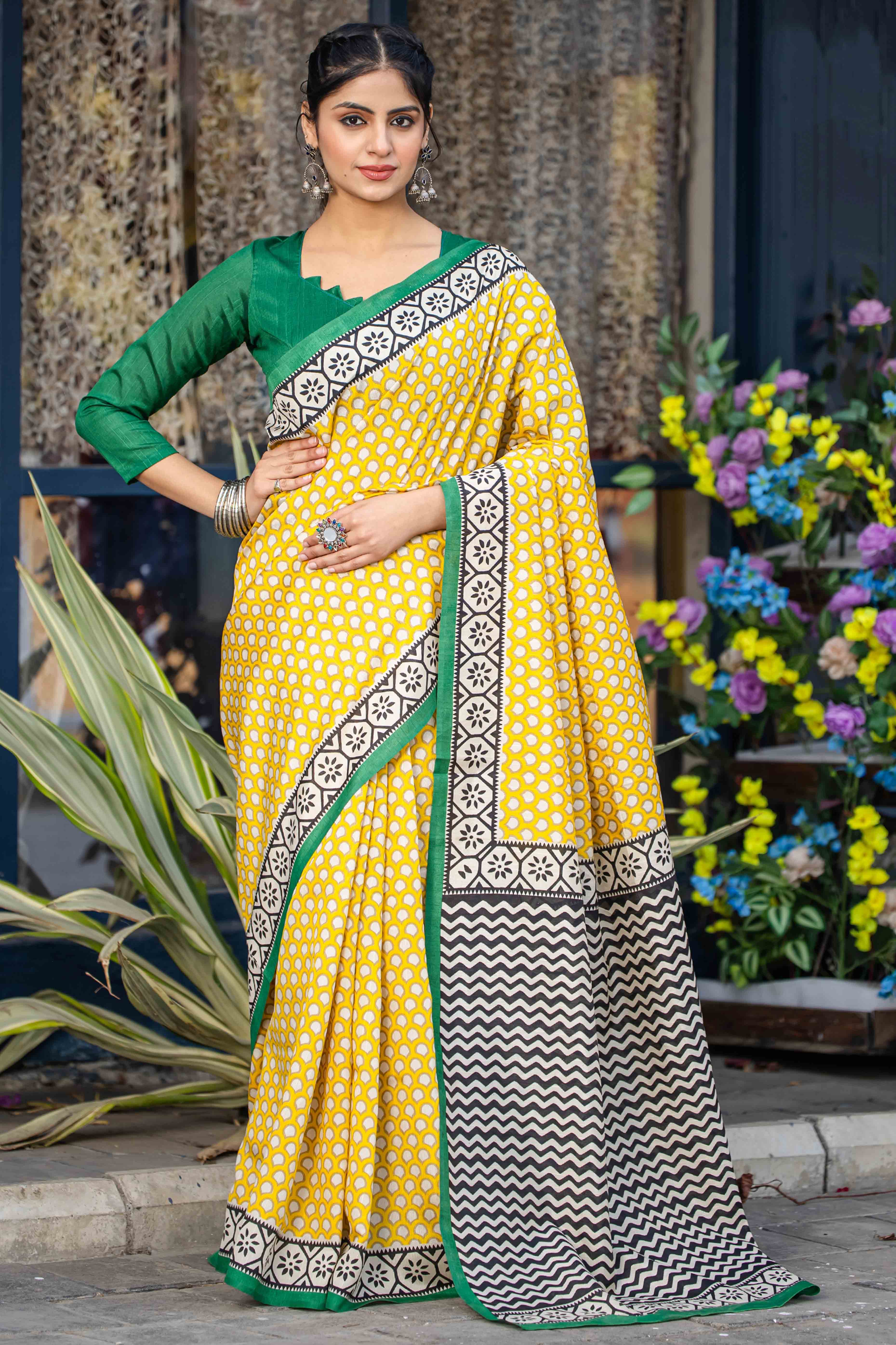 Yellow Bhagalpuri Silk Saree with Floral Handblock Prints