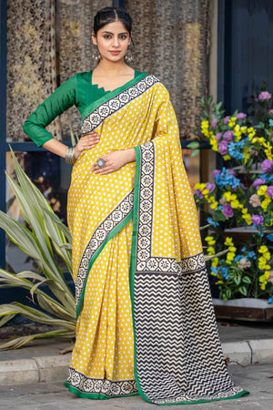 Yellow Bhagalpuri Silk Saree with Floral Handblock Prints
