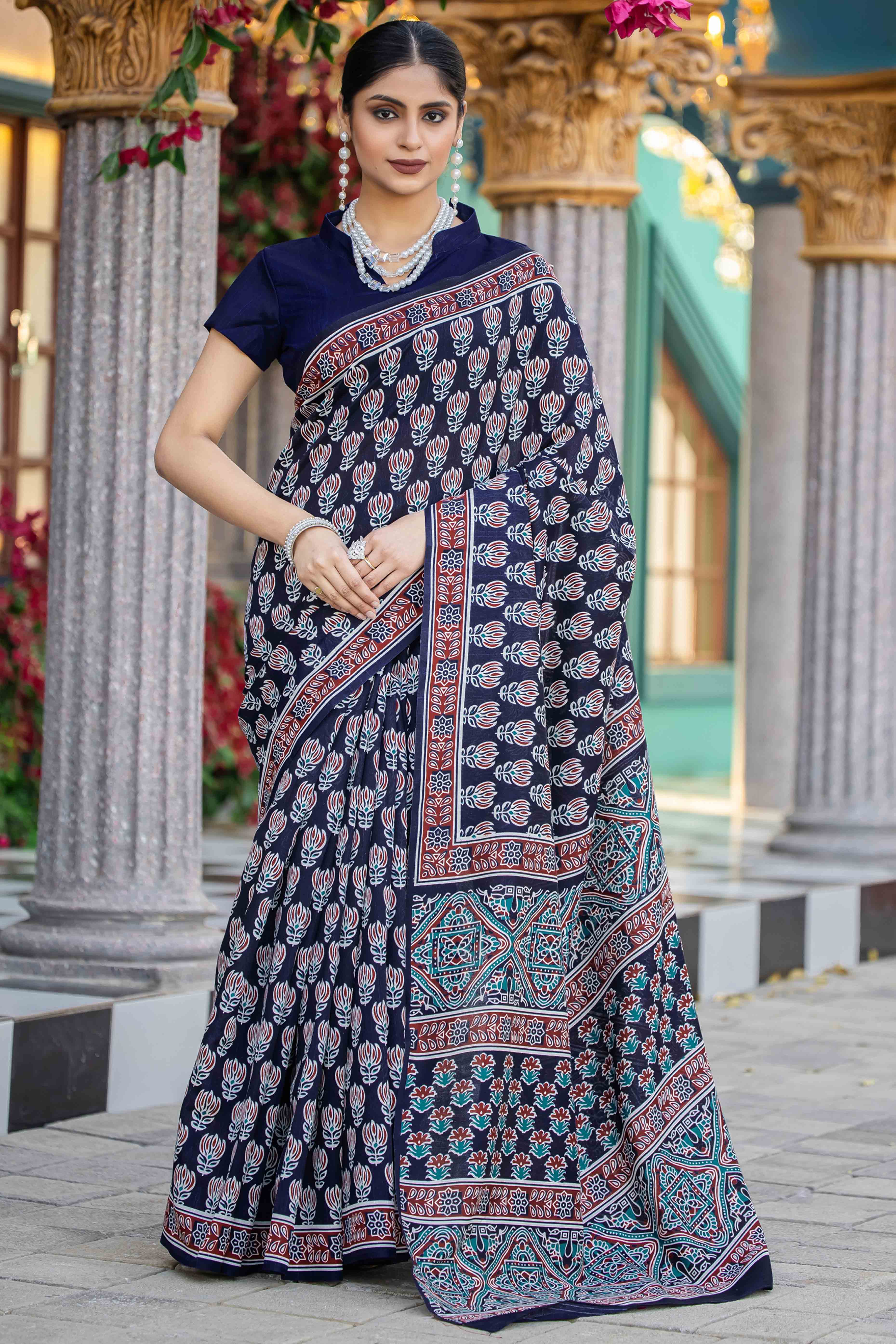 Navy Blue Bhagalpuri Silk Saree with Floral Handblock Prints
