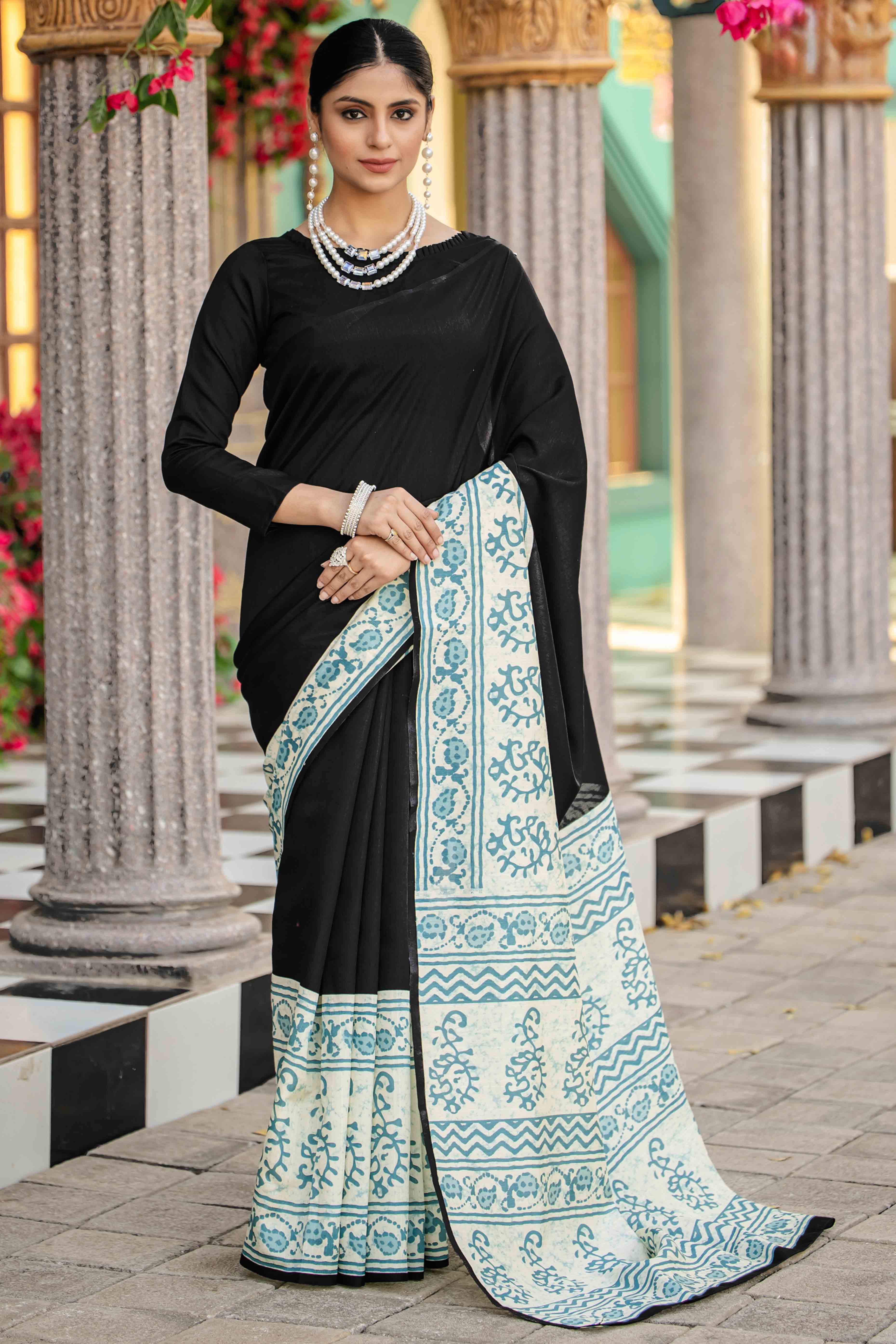 Black Bhagalpuri Silk Saree with Handblock Prints