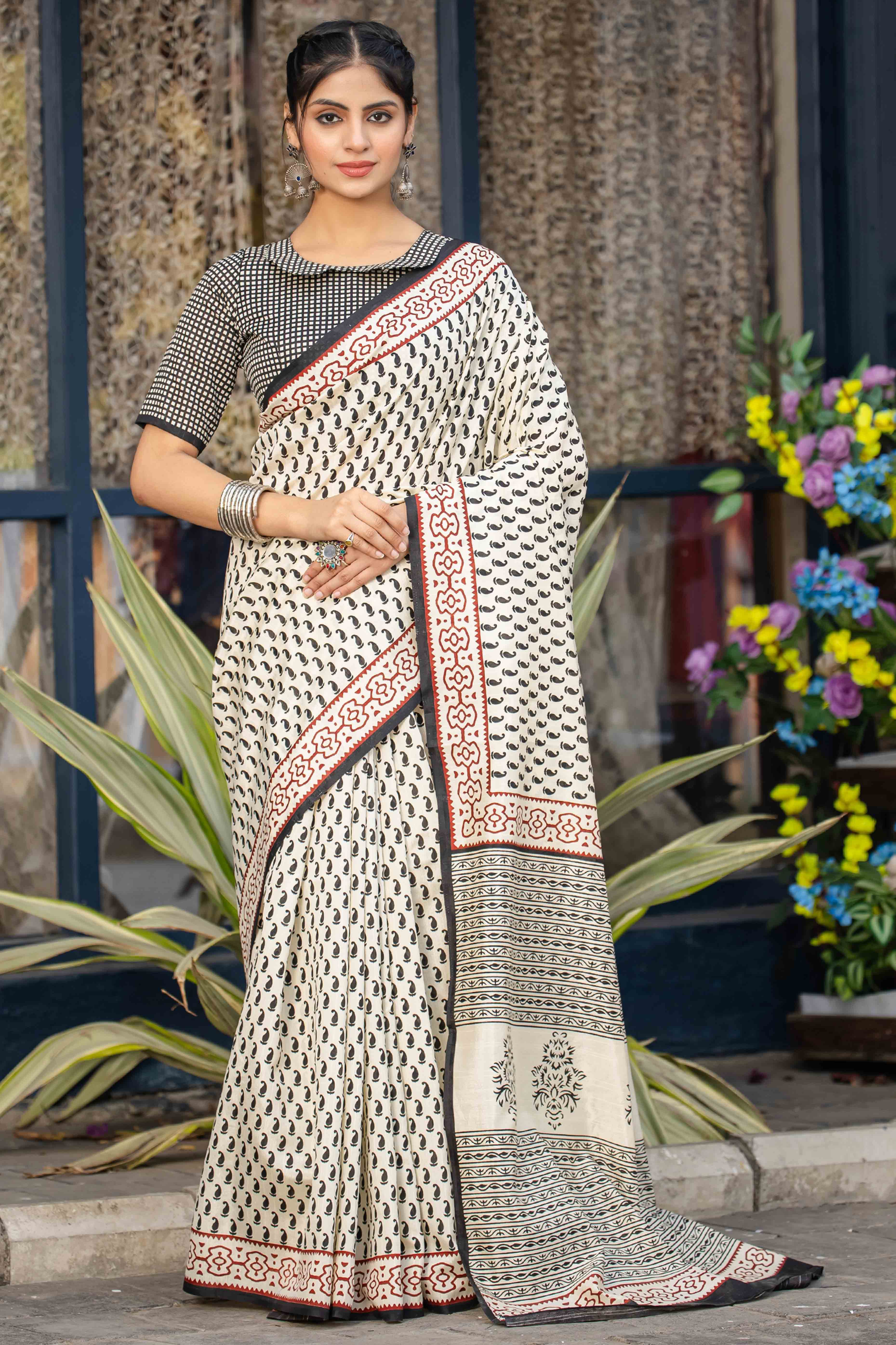 Cream & Black Bhagalpuri Silk Saree with Floral Handblock Prints