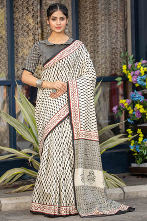 Cream & Black Bhagalpuri Silk Saree with Floral Handblock Prints