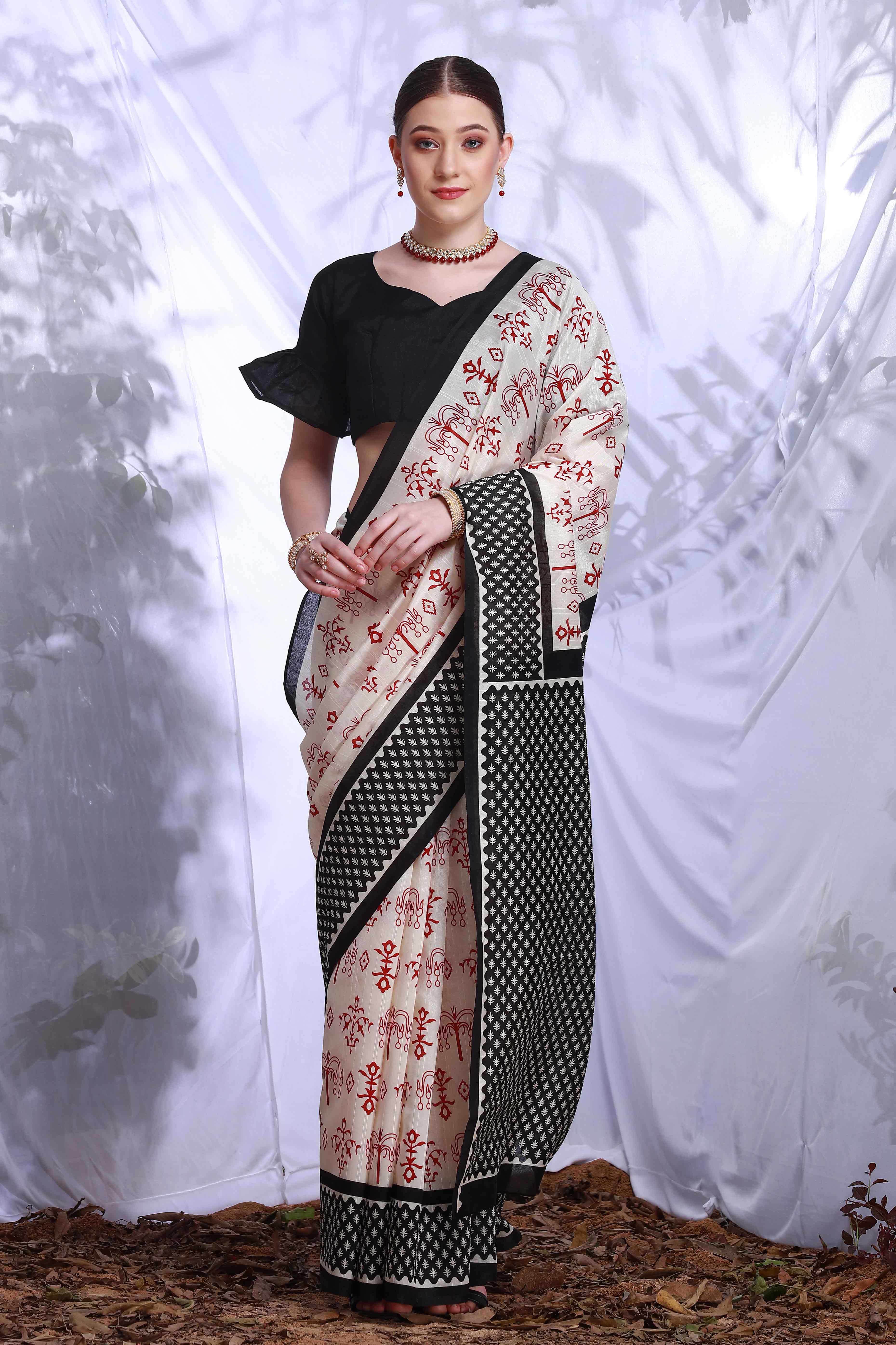 Offwhite & Black Printed Bhagalpuri Silk Saree