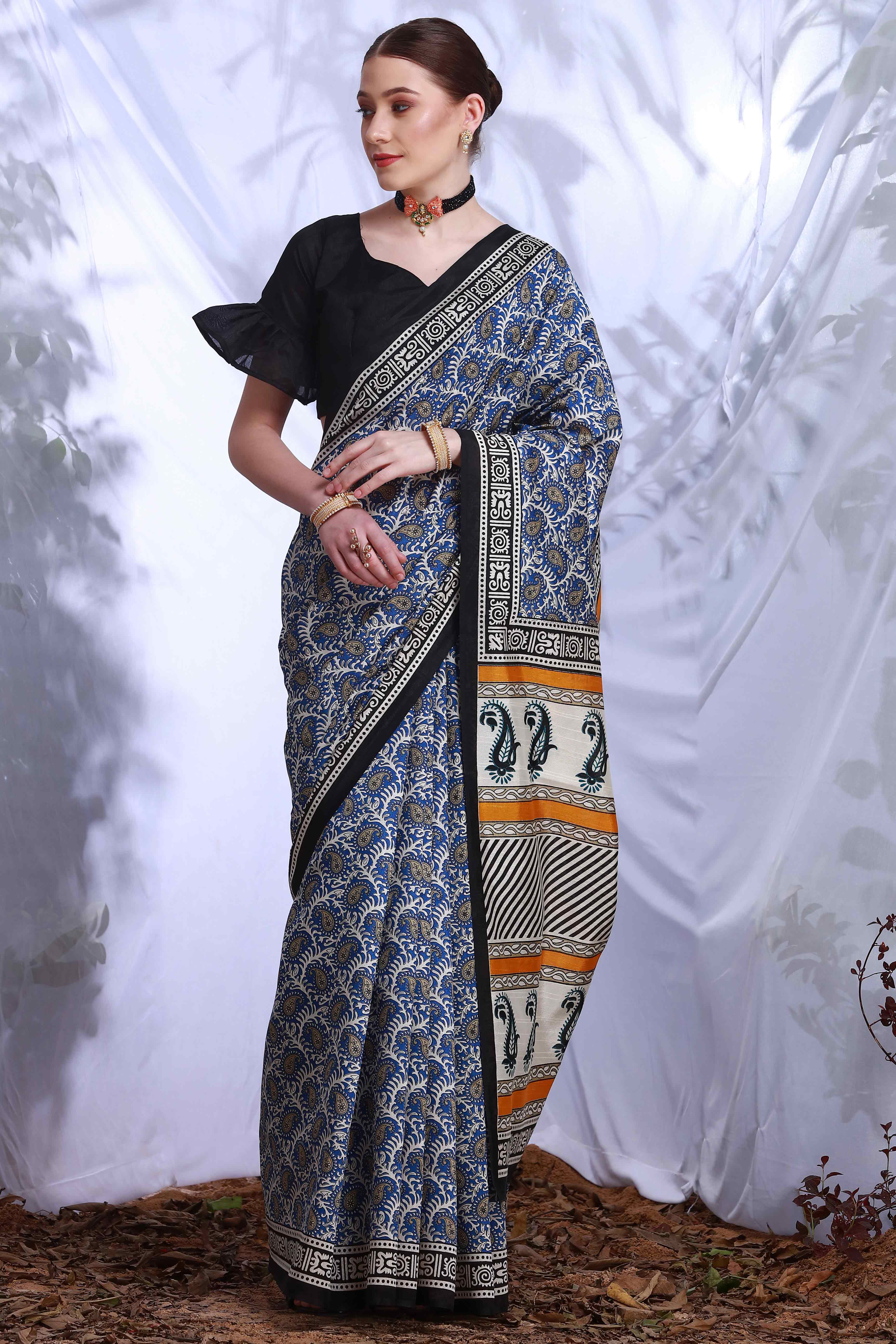 Blue Printed Bhagalpuri Silk Saree