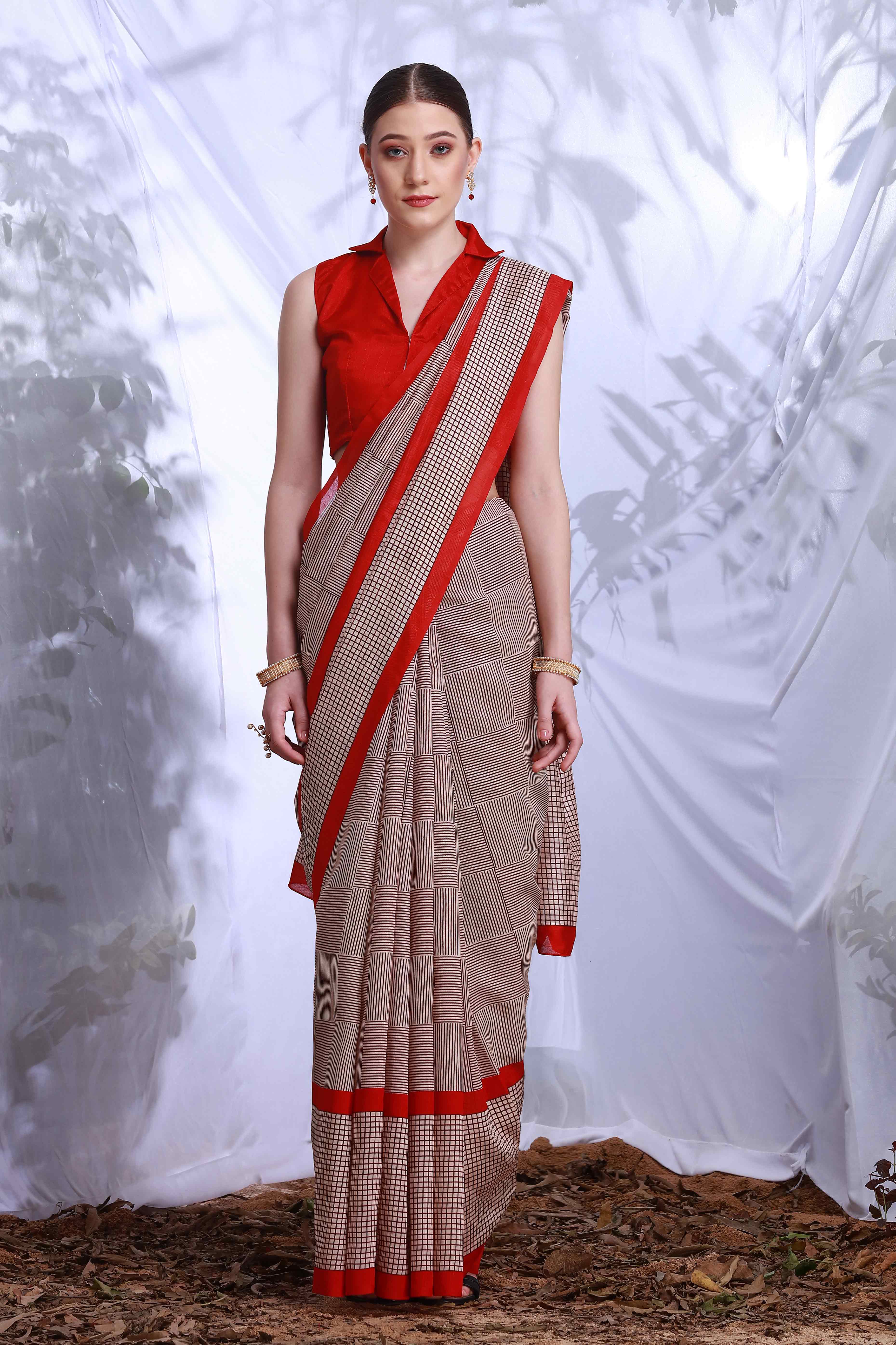 Beige & Brown Printed Bhagalpuri Silk Saree