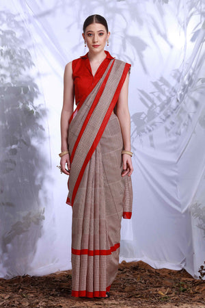 Beige & Brown Printed Bhagalpuri Silk Saree