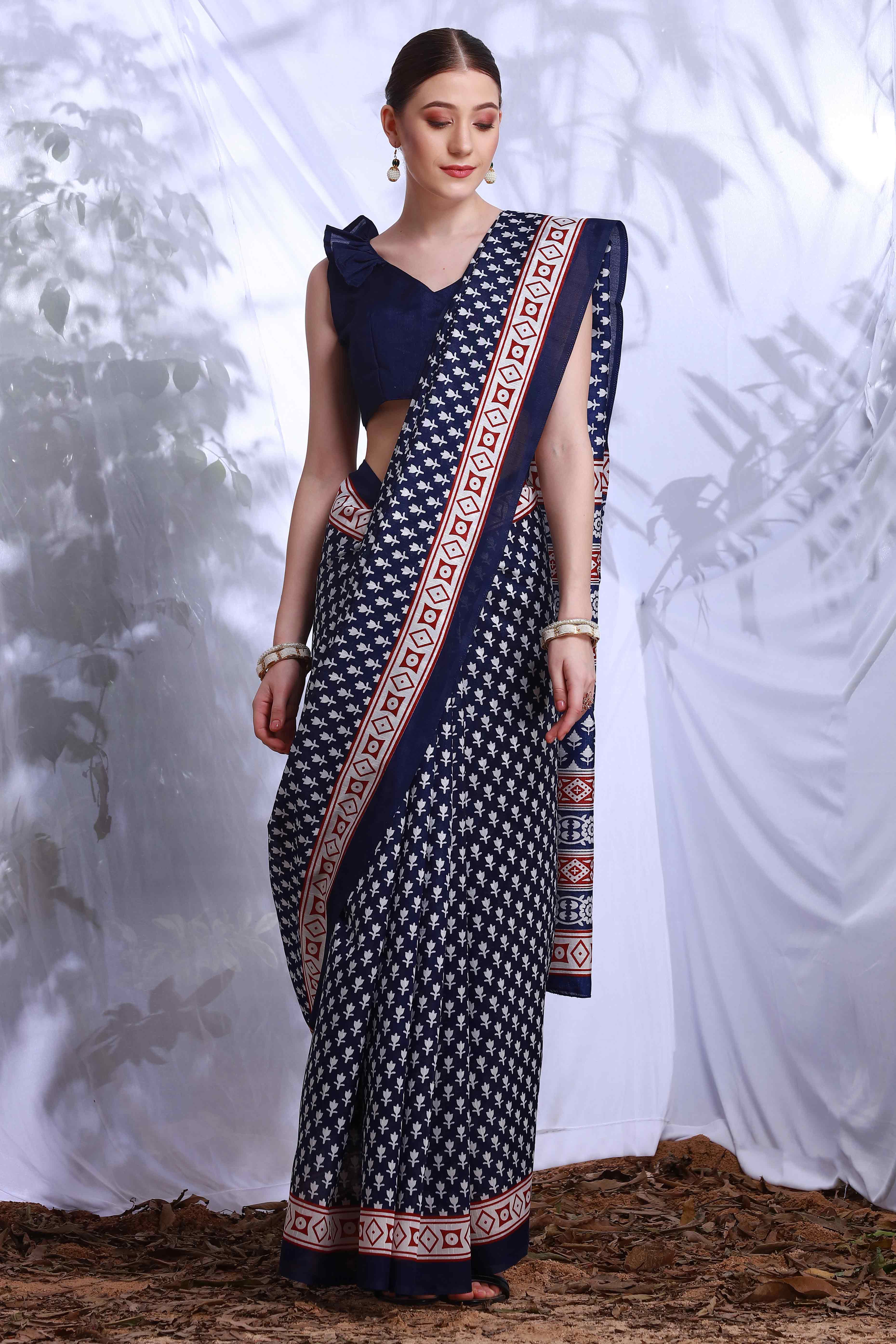 Navy Blue Printed Bhagalpuri Silk Saree