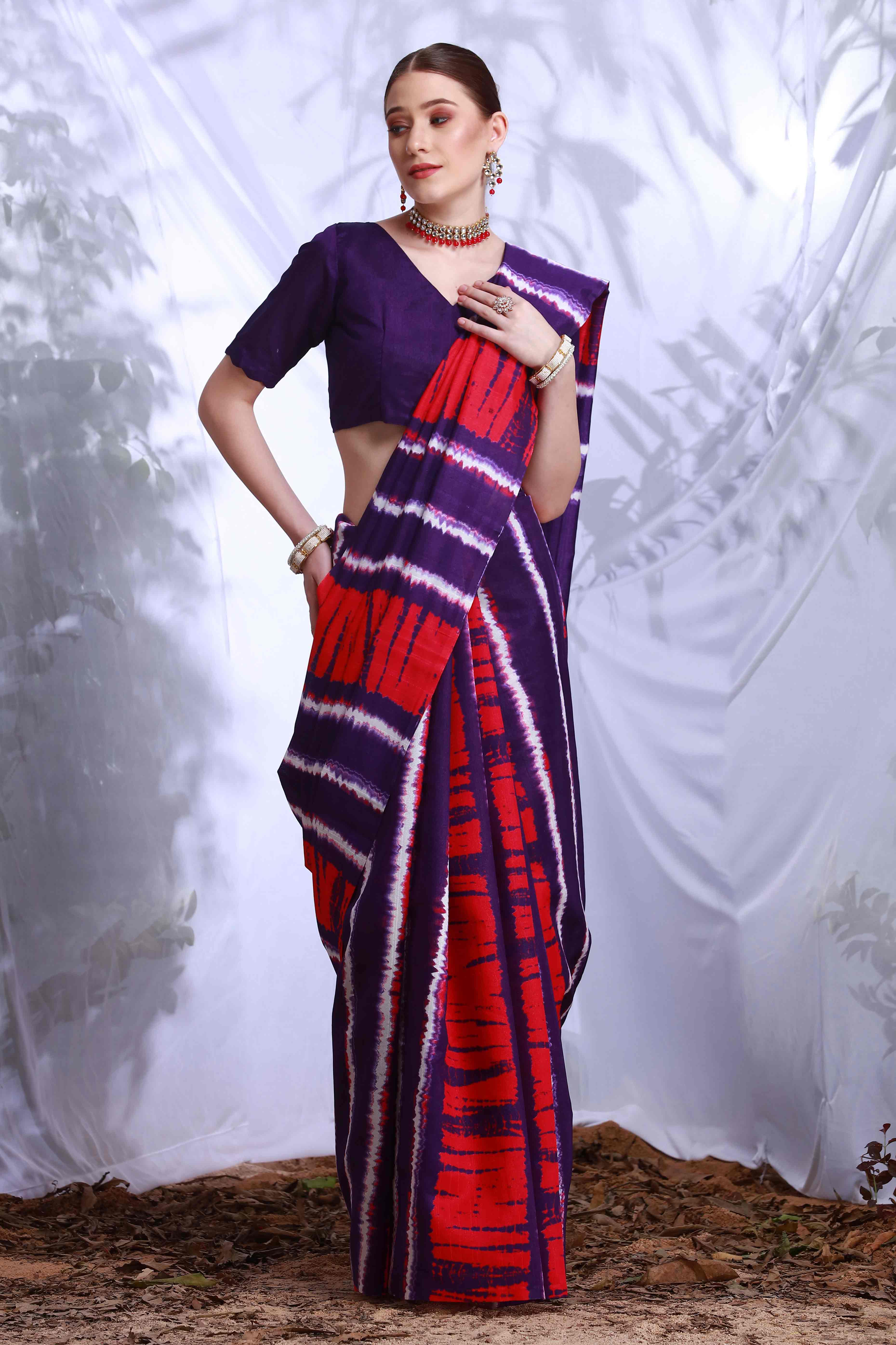 Purple & Red Printed Bhagalpuri Silk Saree