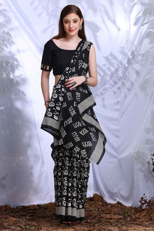Black Printed Bhagalpuri Silk Saree