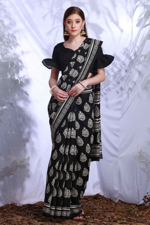 Black Printed Bhagalpuri Silk Saree