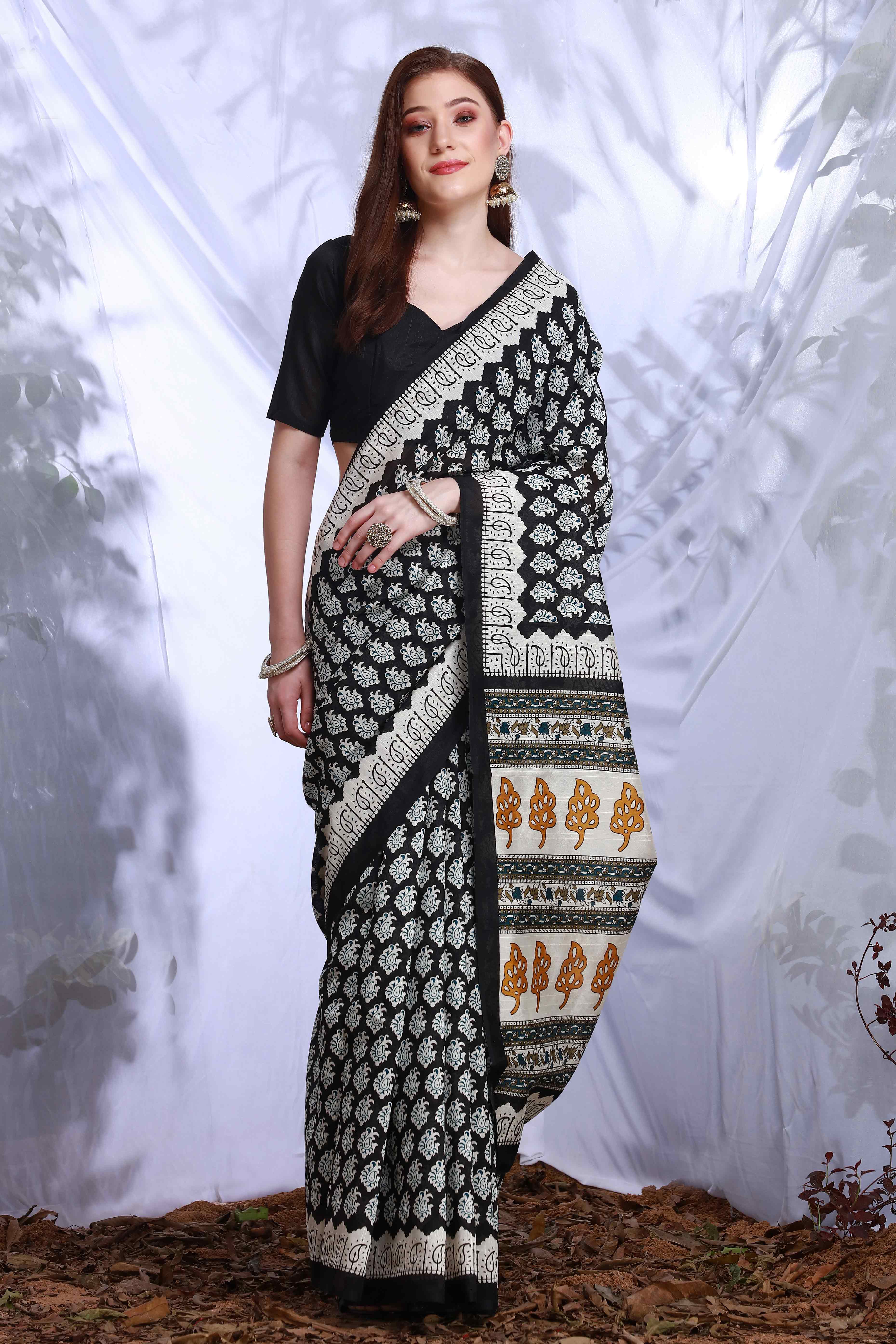 Black Printed Bhagalpuri Silk Saree