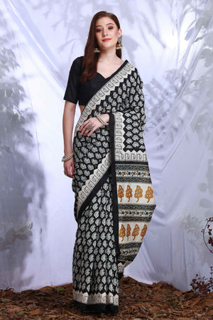 Black Printed Bhagalpuri Silk Saree