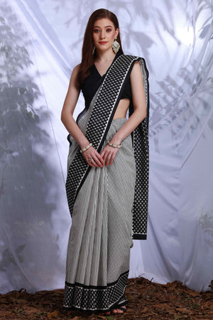 Black & White Printed Bhagalpuri Silk Saree