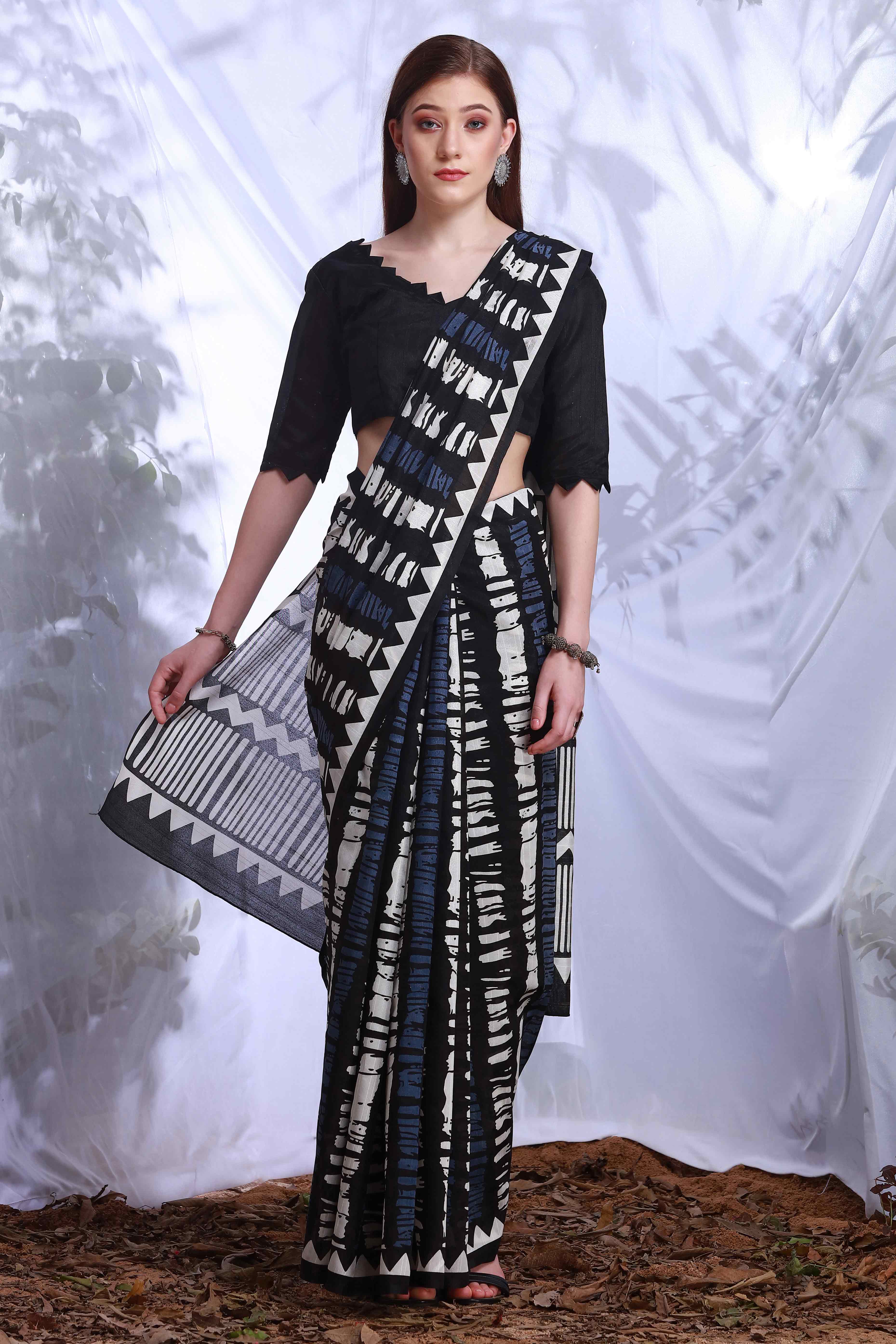 Black & White Printed Bhagalpuri Silk Saree