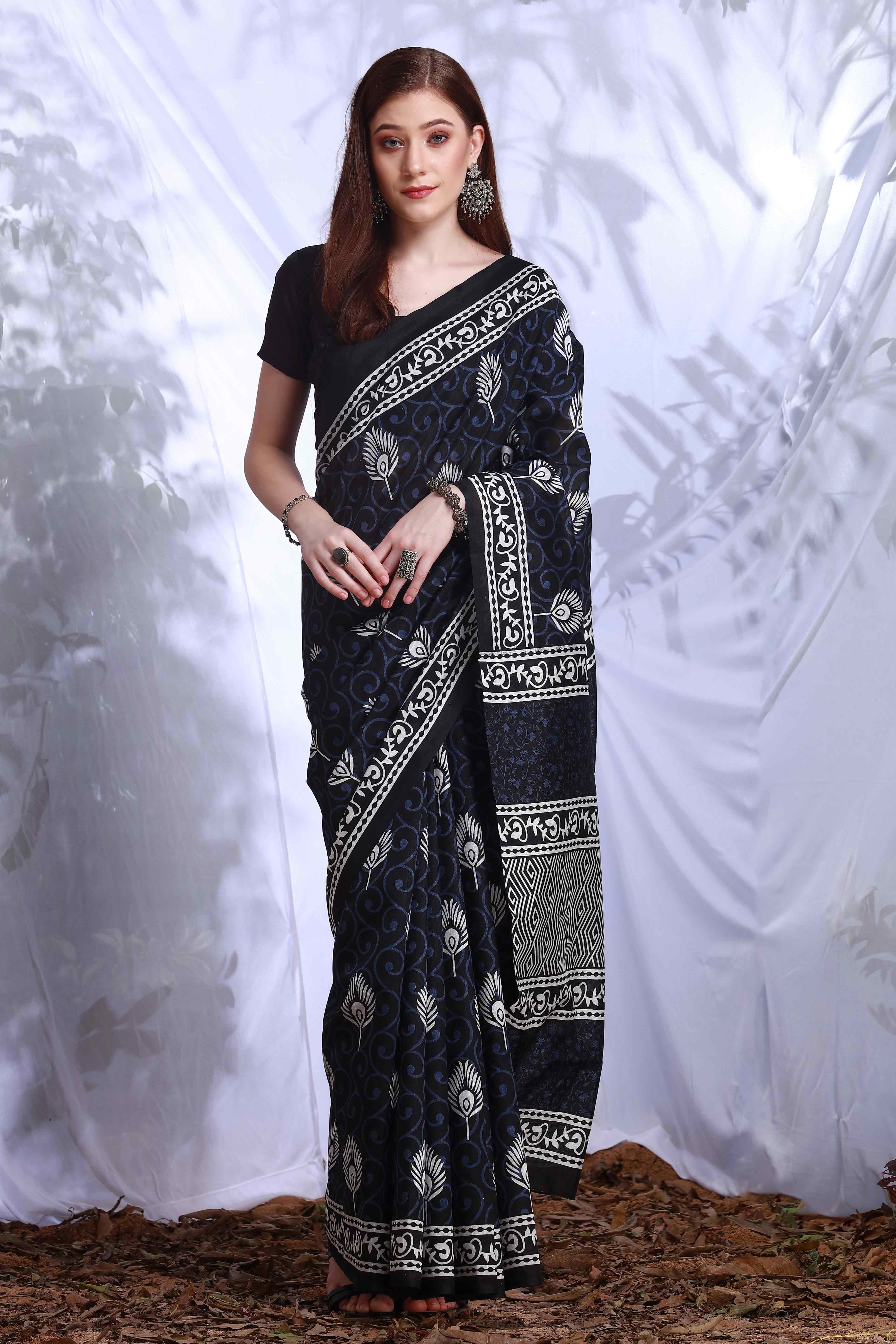Black Printed Bhagalpuri Silk Saree