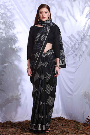 Black Printed Bhagalpuri Silk Saree