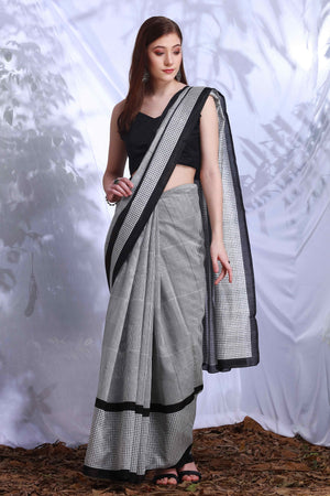 Black & White Printed Bhagalpuri Silk Saree