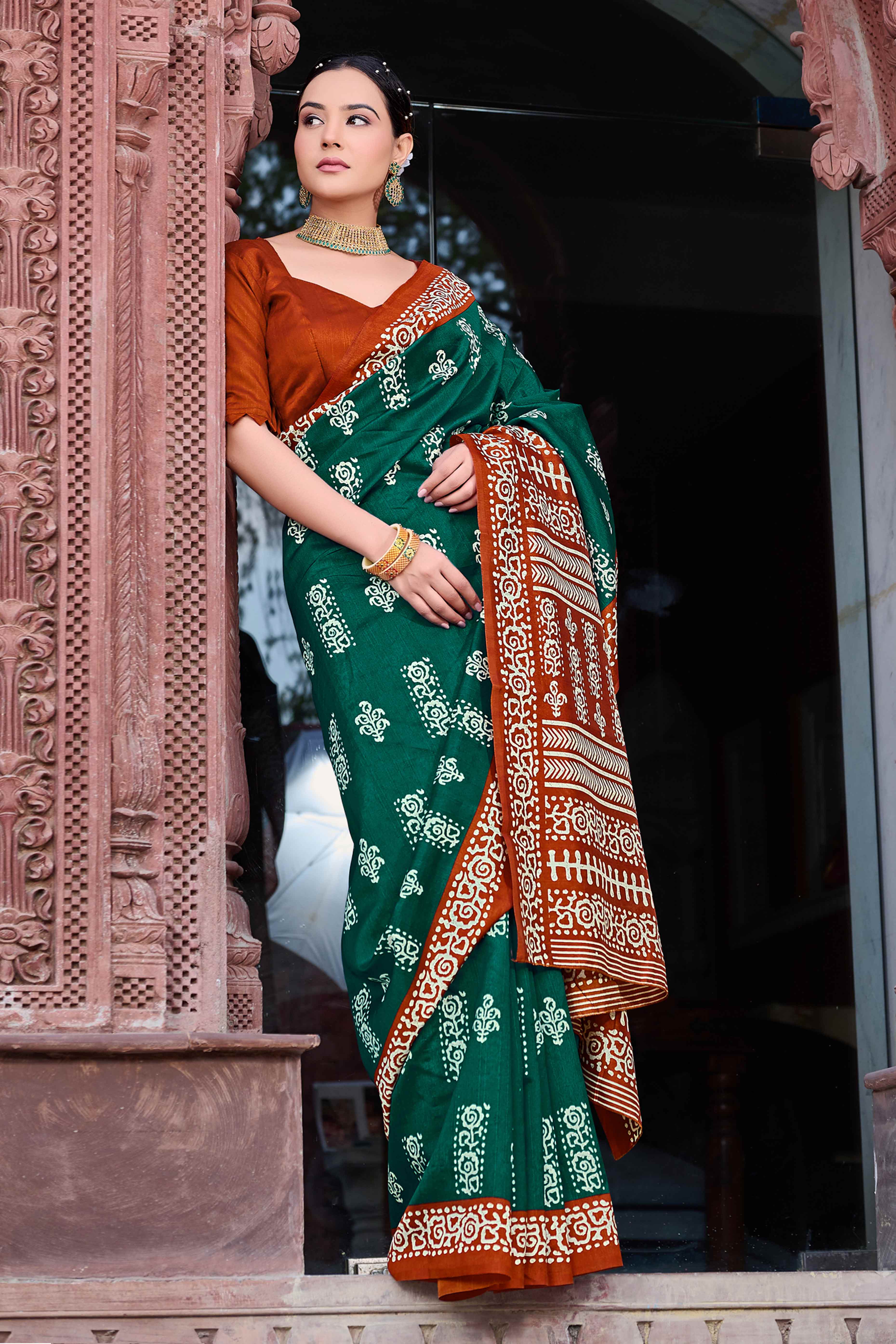 Green & Rust Printed Bhagalpuri Silk Saree