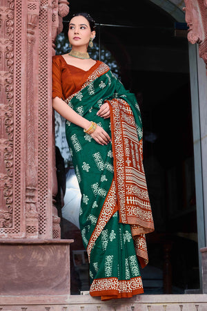 Green & Rust Printed Bhagalpuri Silk Saree