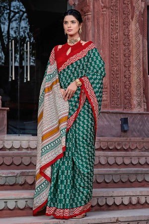 Green & Red Printed Bhagalpuri Silk Saree