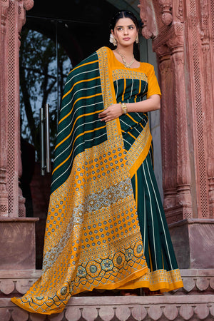 Green & Mustard Printed Bhagalpuri Silk Saree