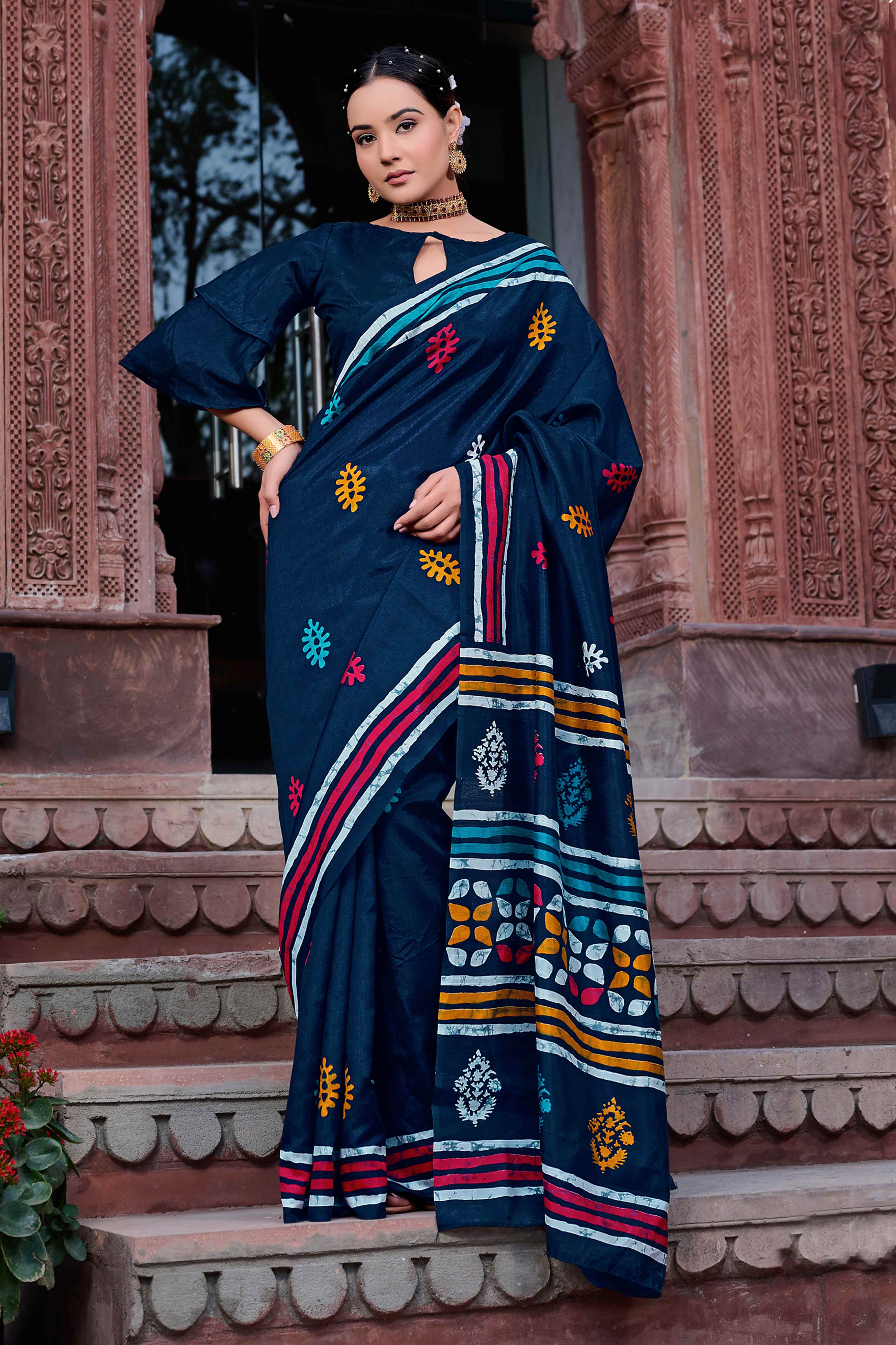 Blue Printed Bhagalpuri Silk Saree