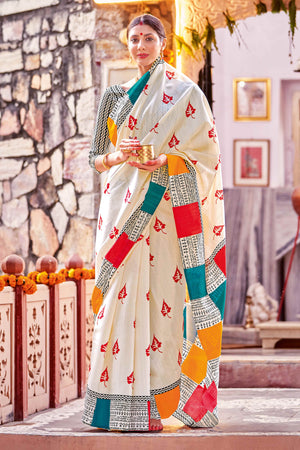 Cream Printed Bhagalpuri Silk Saree
