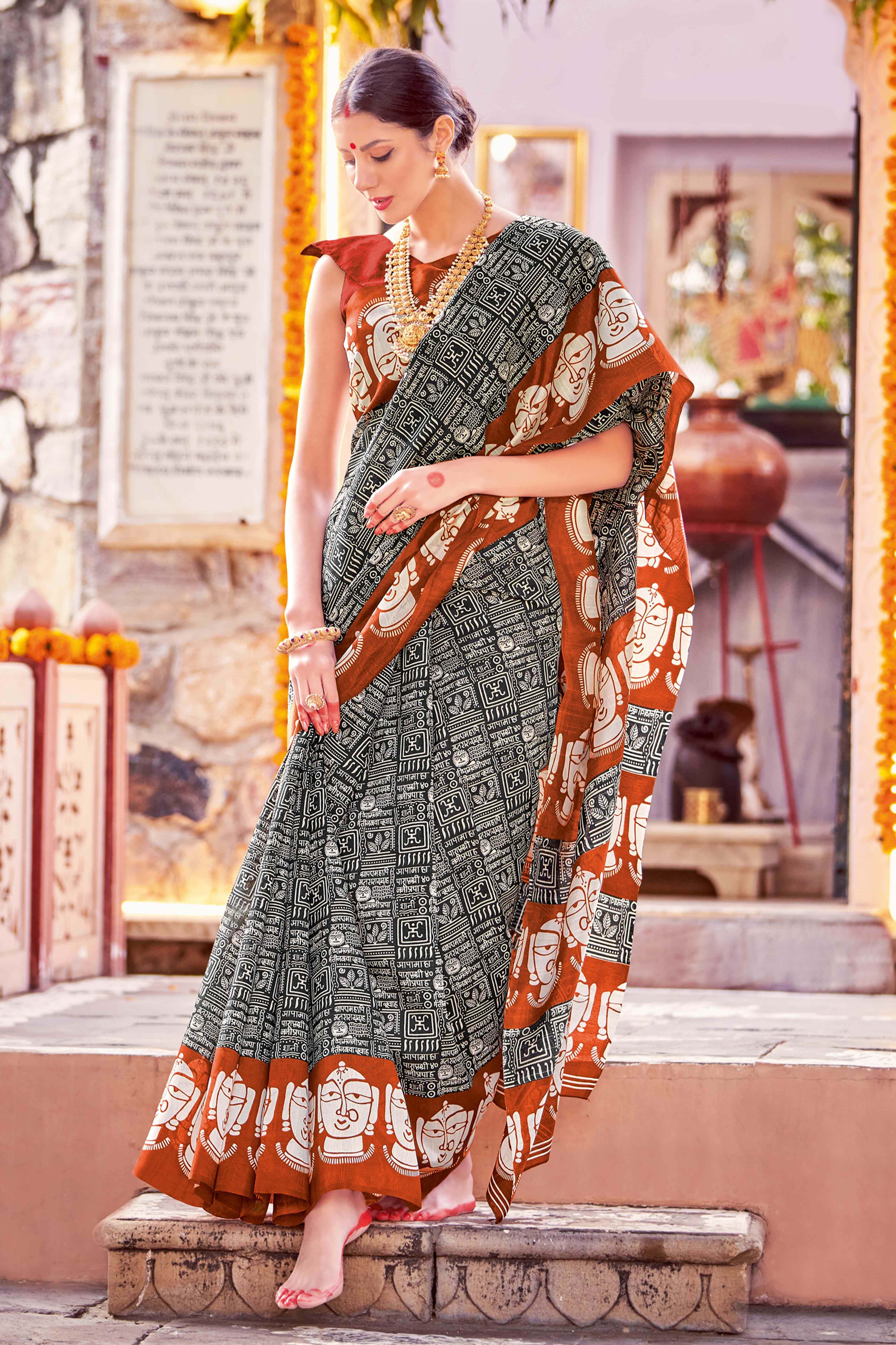 Black & Rust Printed Bhagalpuri Silk Saree