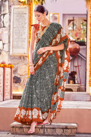 Black & Rust Printed Bhagalpuri Silk Saree